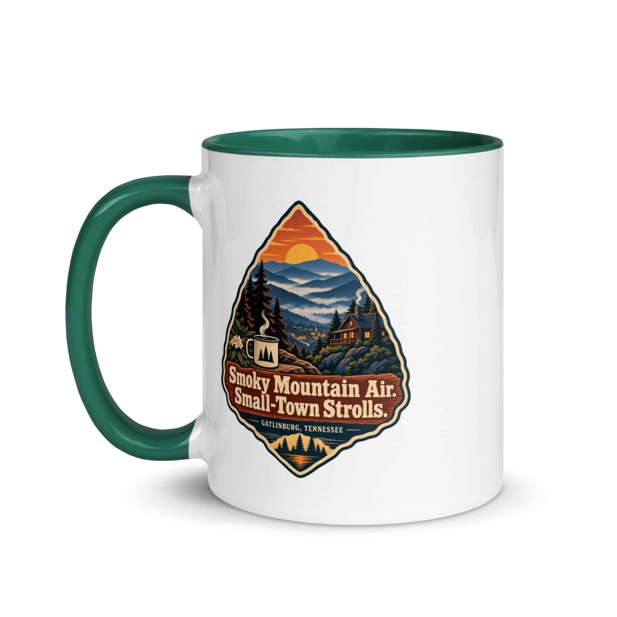Gatlinburg and the Smokies Color Inside Coffee Mug: Smoky Mountain Air. Small-Town Strolls, Scenic Shield Badge