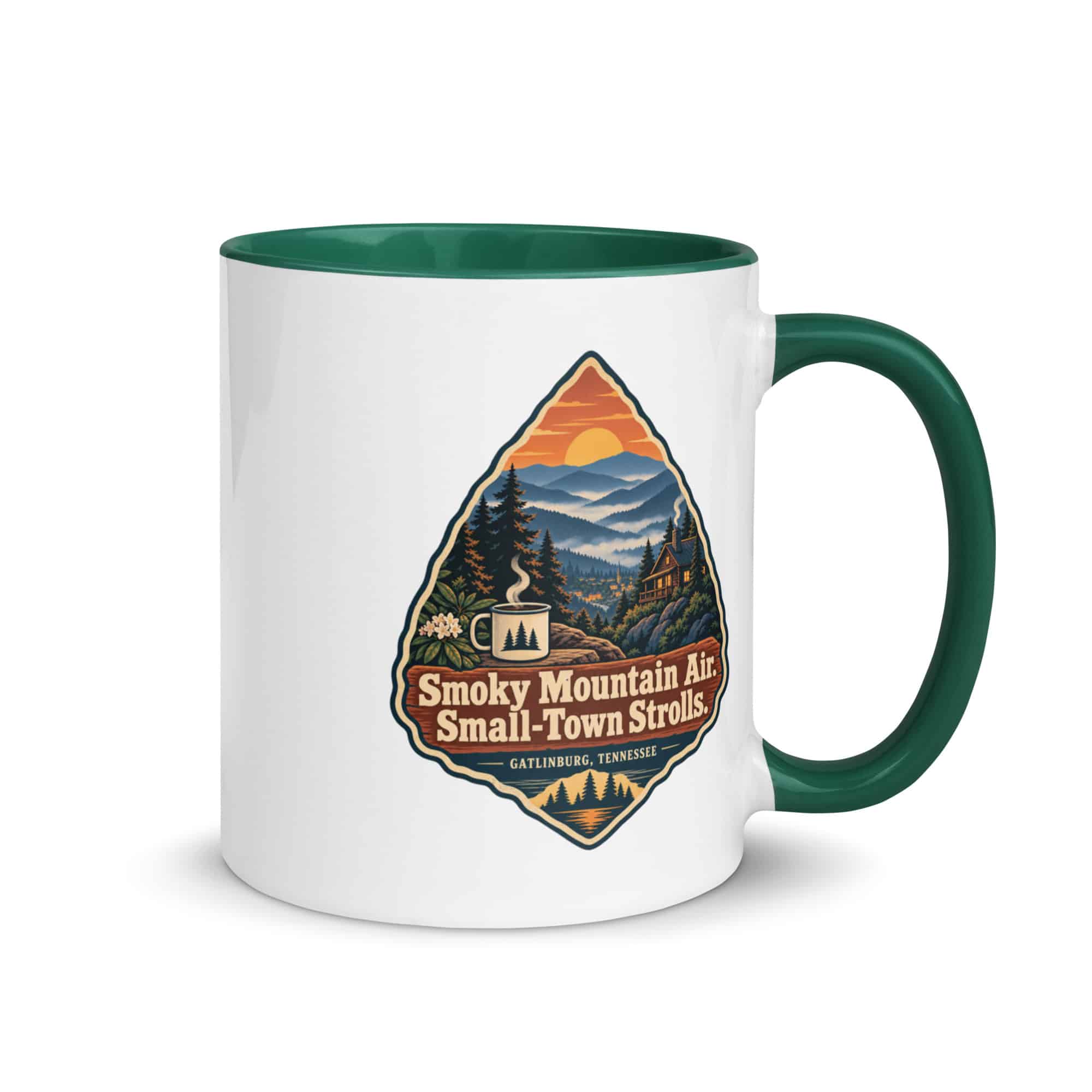 Gatlinburg and the Smokies Color Inside Coffee Mug: Smoky Mountain Air. Small-Town Strolls, Scenic Shield Badge