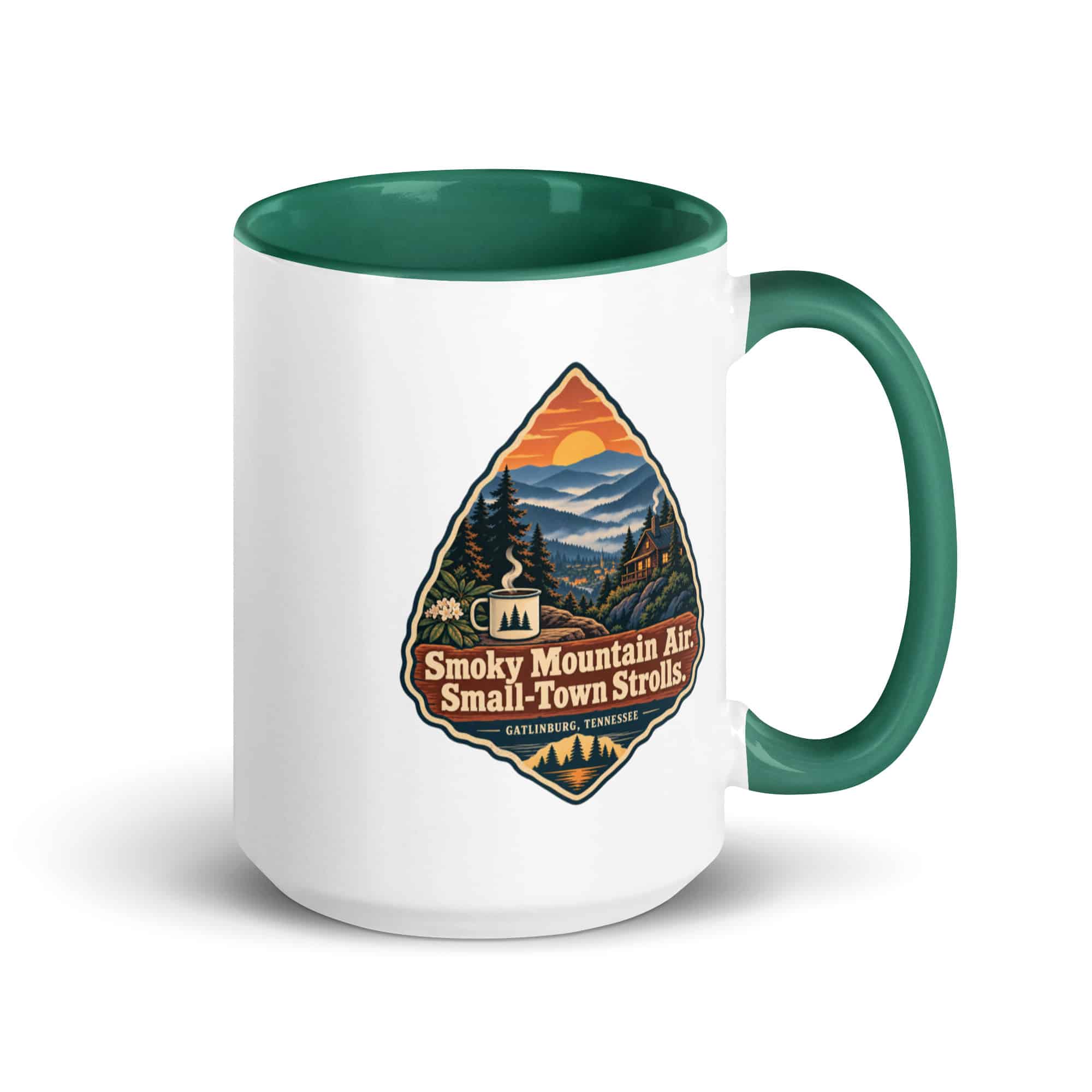 Gatlinburg and the Smokies Color Inside Coffee Mug: Smoky Mountain Air. Small-Town Strolls, Scenic Shield Badge