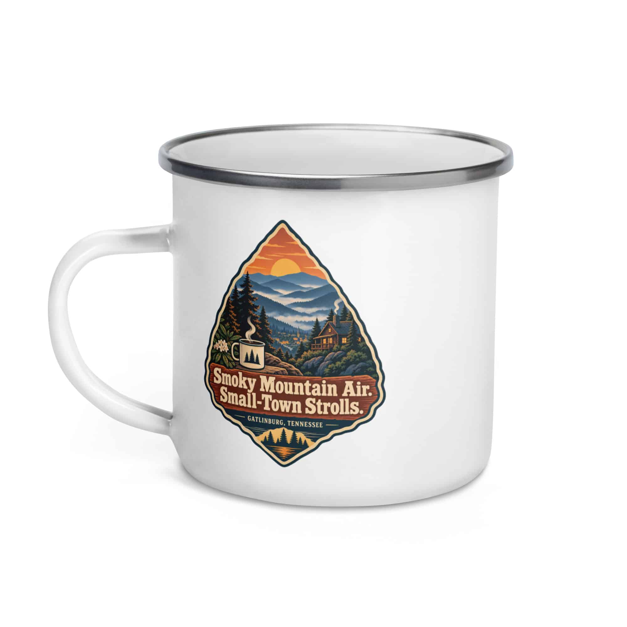 Gatlinburg and the Smokies Enamel Camp Mug: Smoky Mountain Air. Small-Town Strolls, Scenic Shield Badge