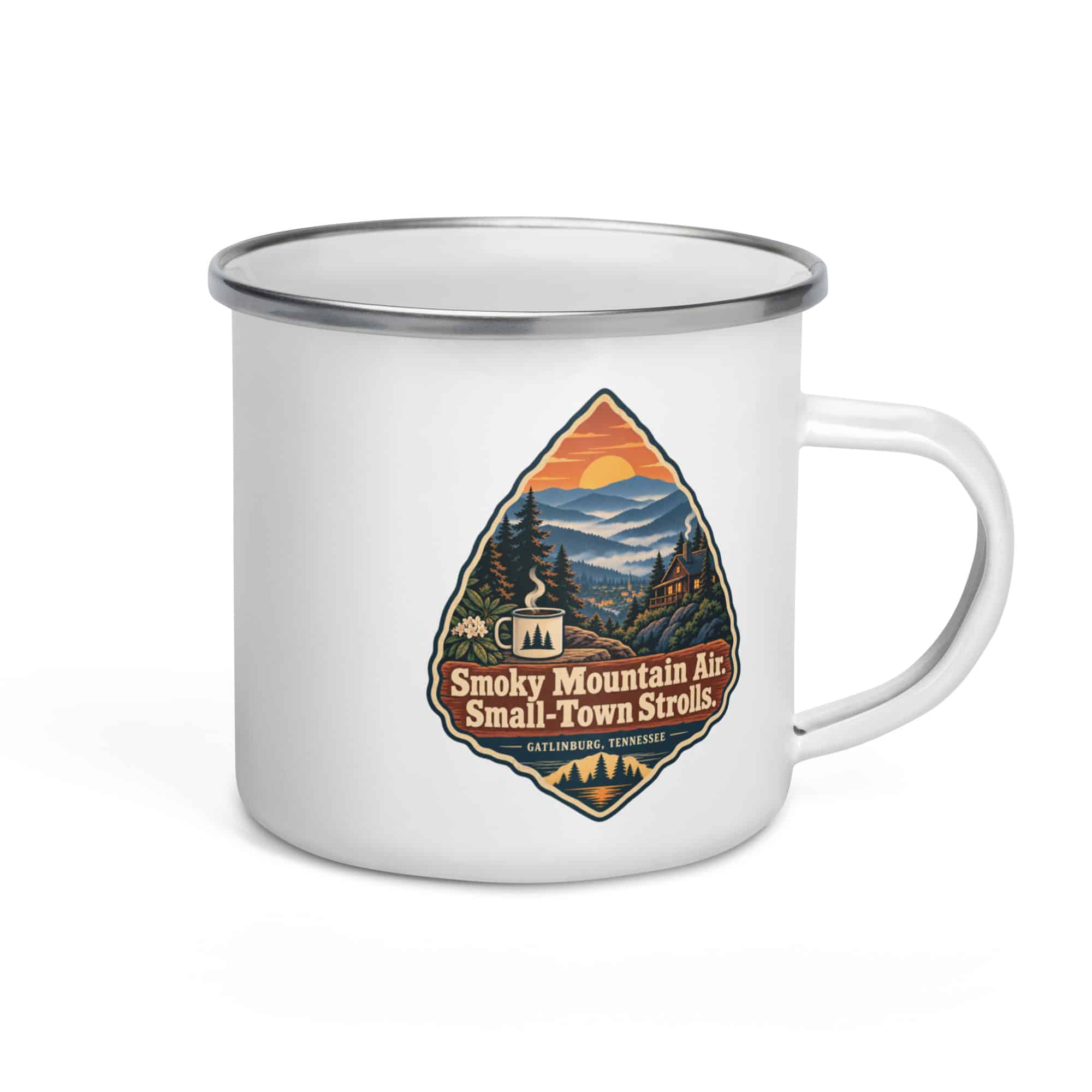 Gatlinburg and the Smokies Enamel Camp Mug: Smoky Mountain Air. Small-Town Strolls, Scenic Shield Badge