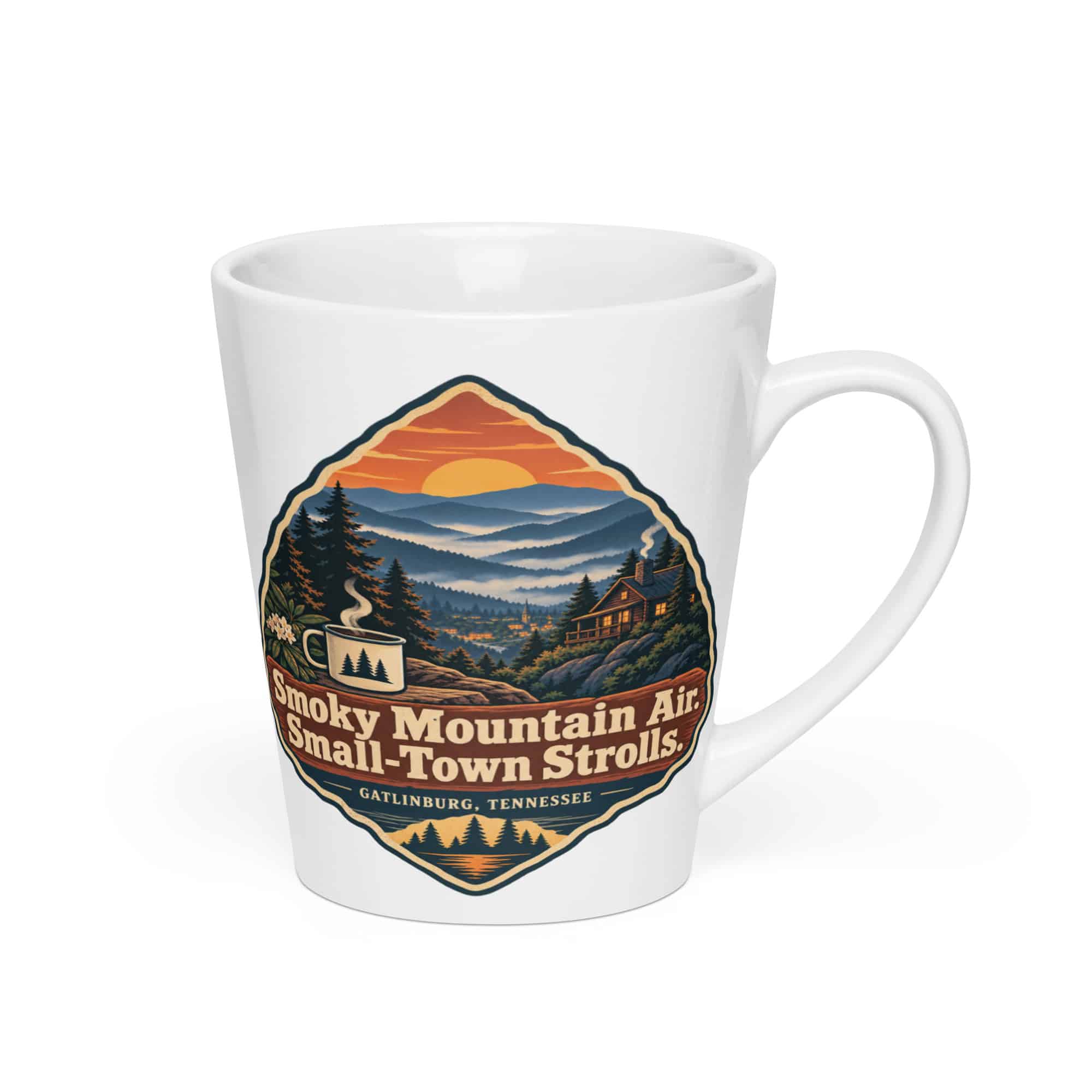 Gatlinburg and the Smokies Latte Mug: Smoky Mountain Air. Small-Town Strolls, Scenic Shield Badge