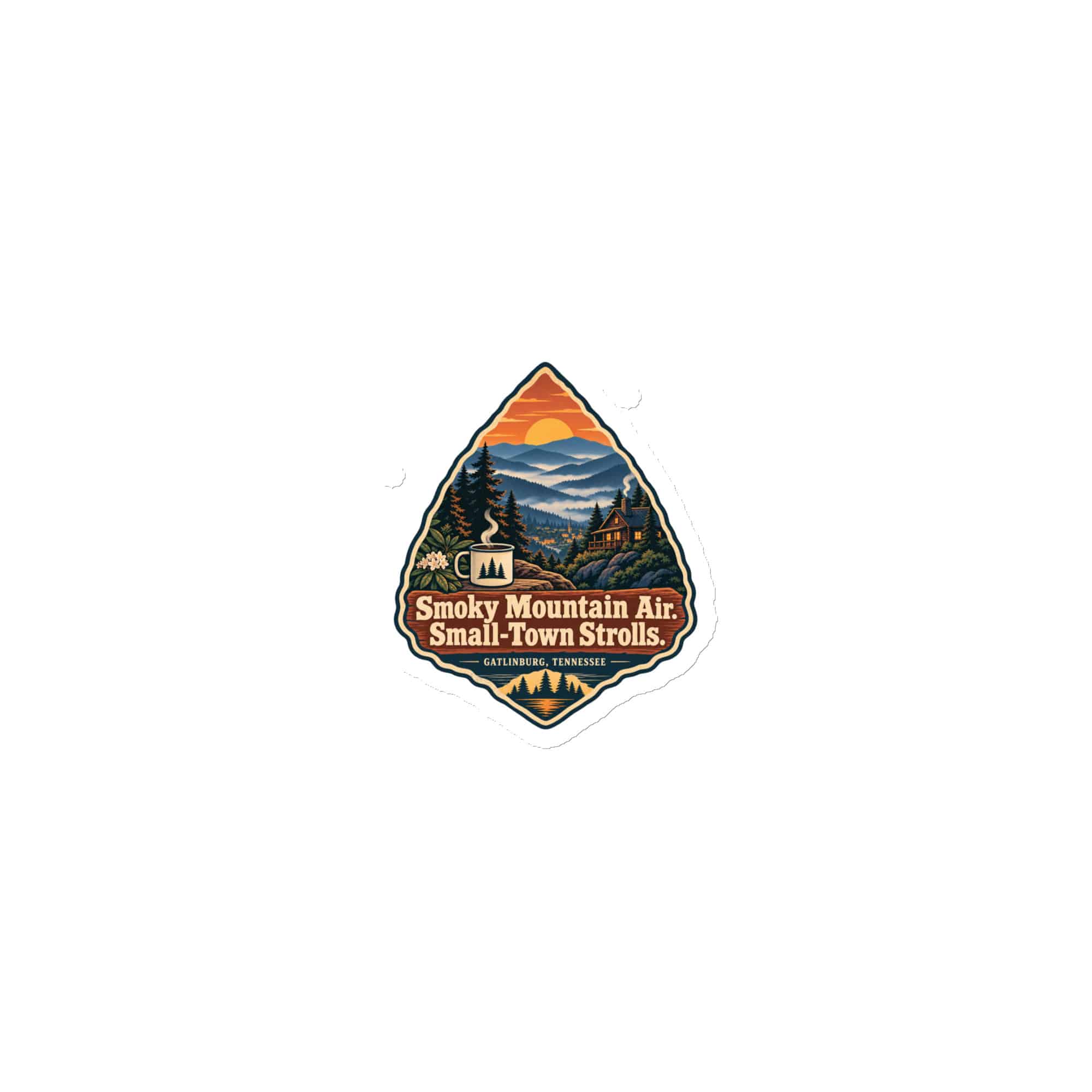 Gatlinburg and the Smokies Die-Cut Magnet: Smoky Mountain Air. Small-Town Strolls, Scenic Shield Badge