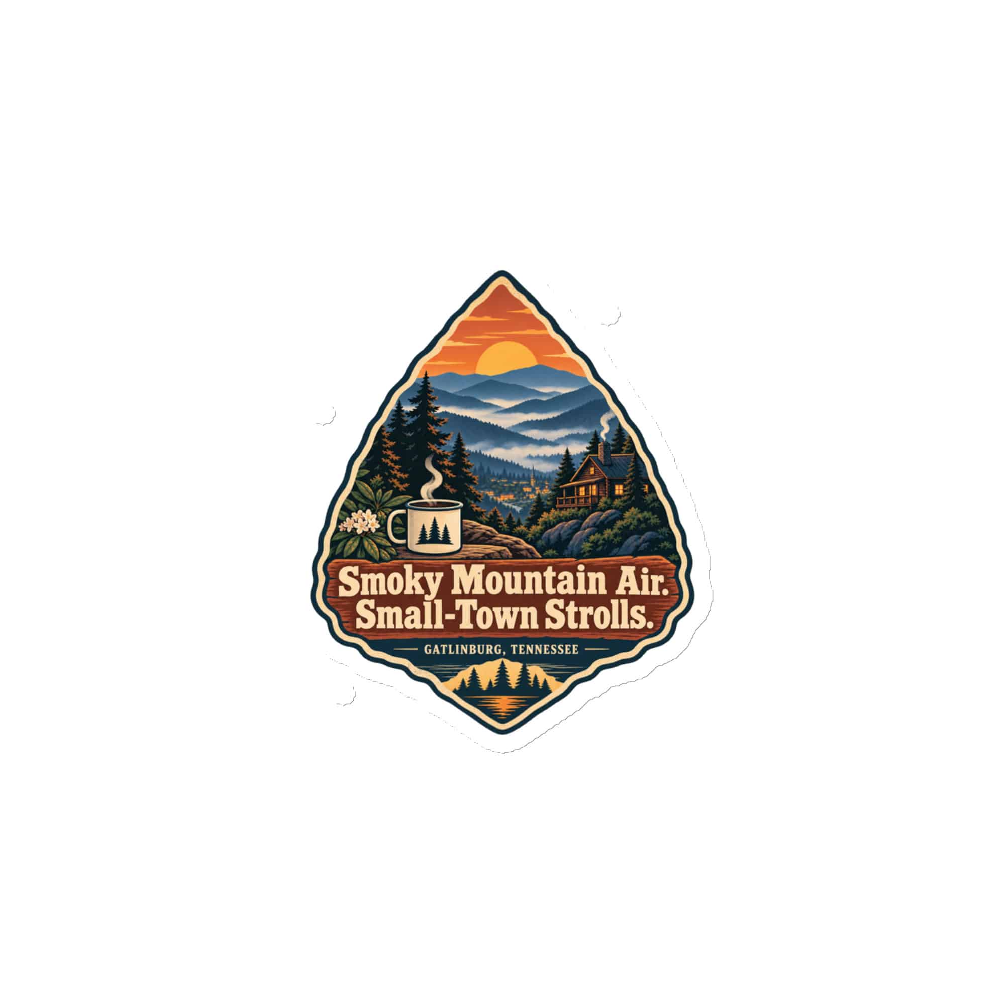 Gatlinburg and the Smokies Die-Cut Magnet: Smoky Mountain Air. Small-Town Strolls, Scenic Shield Badge