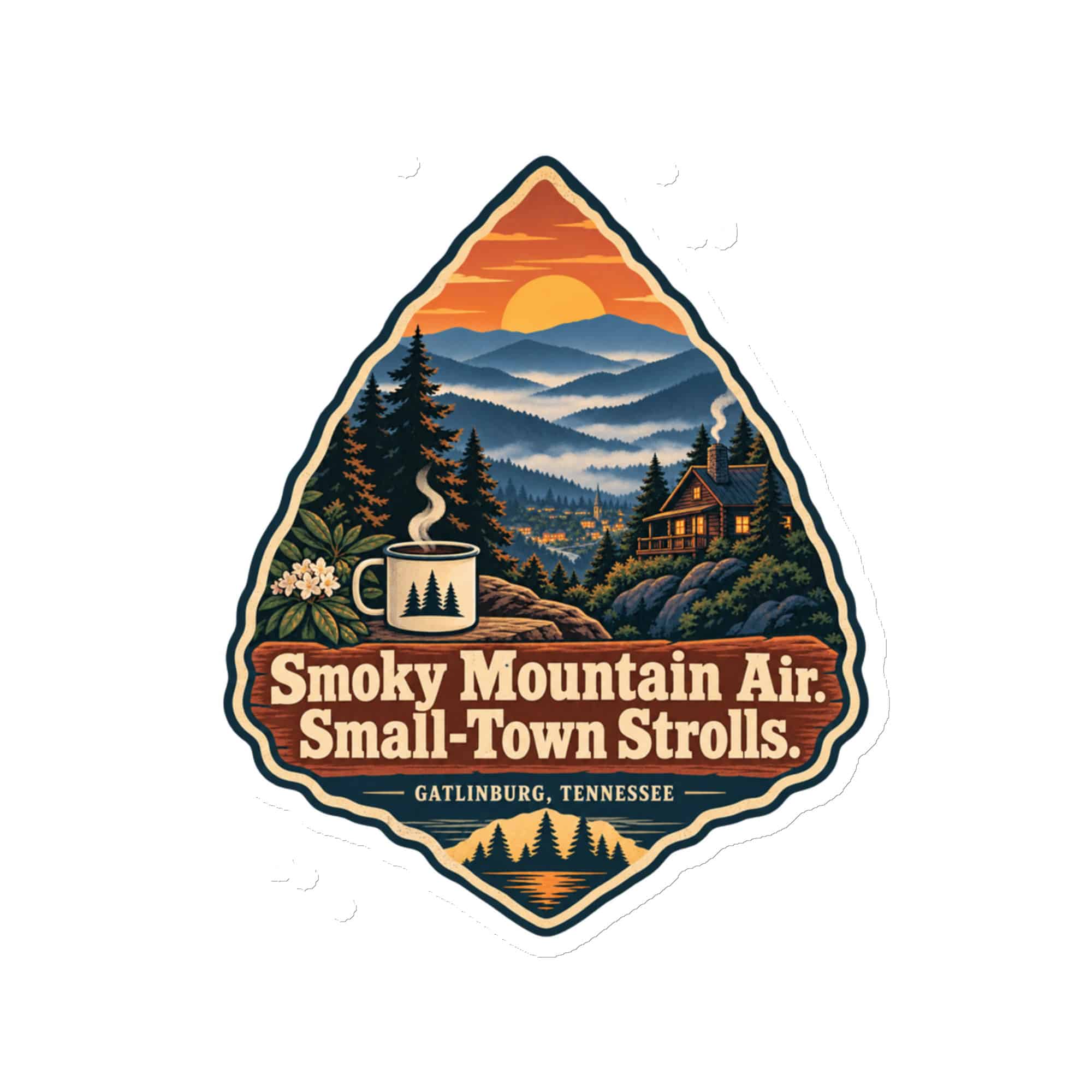 Gatlinburg and the Smokies Die-Cut Magnet: Smoky Mountain Air. Small-Town Strolls, Scenic Shield Badge