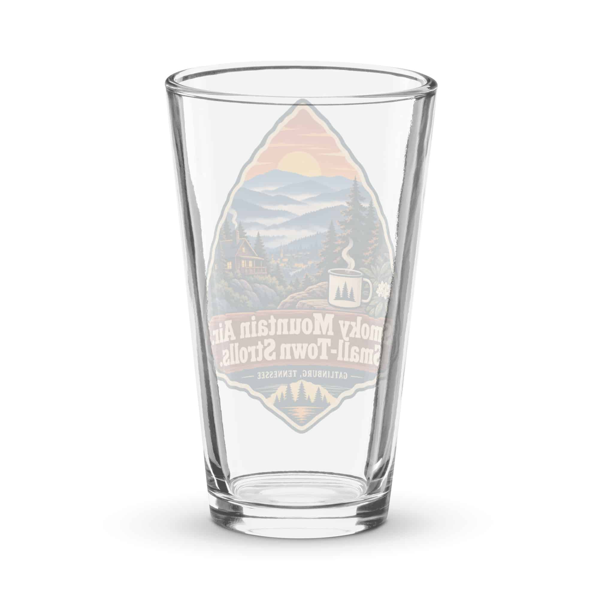 Gatlinburg and the Smokies Pint Glass: Smoky Mountain Air. Small-Town Strolls, Scenic Shield Badge