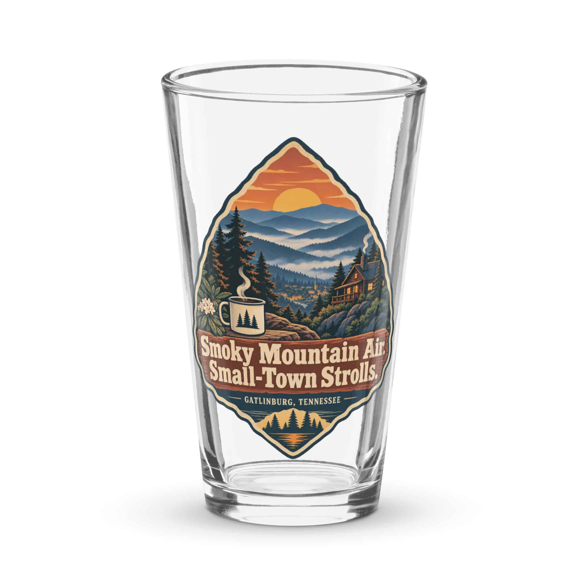 Gatlinburg and the Smokies Pint Glass: Smoky Mountain Air. Small-Town Strolls, Scenic Shield Badge