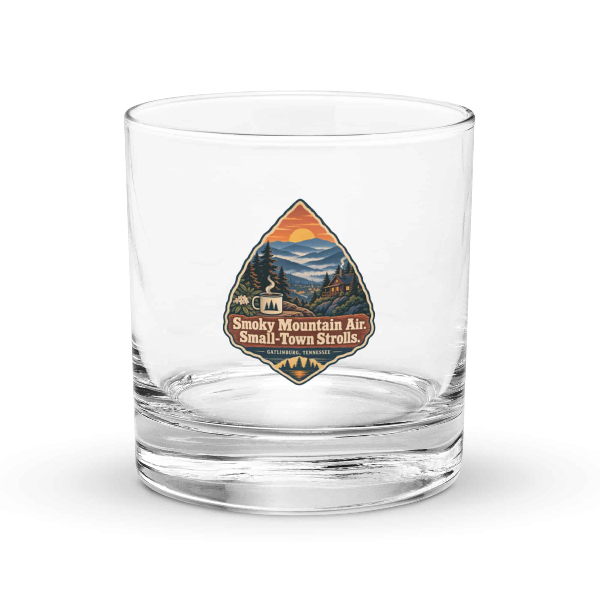 Gatlinburg and the Smokies Rocks Glass: Smoky Mountain Air. Small-Town Strolls, Scenic Shield Badge