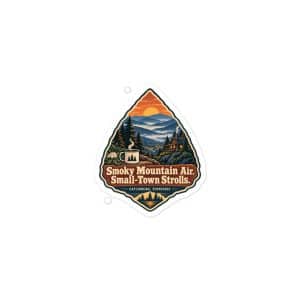 Gatlinburg and the Smokies Vinyl Sticker: Smoky Mountain Air. Small-Town Strolls, Scenic Shield Badge - 3″×3″ - Main