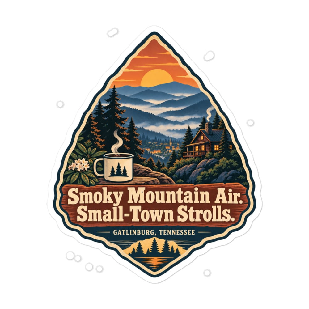 Gatlinburg and the Smokies Vinyl Sticker: Smoky Mountain Air. Small-Town Strolls, Scenic Shield Badge