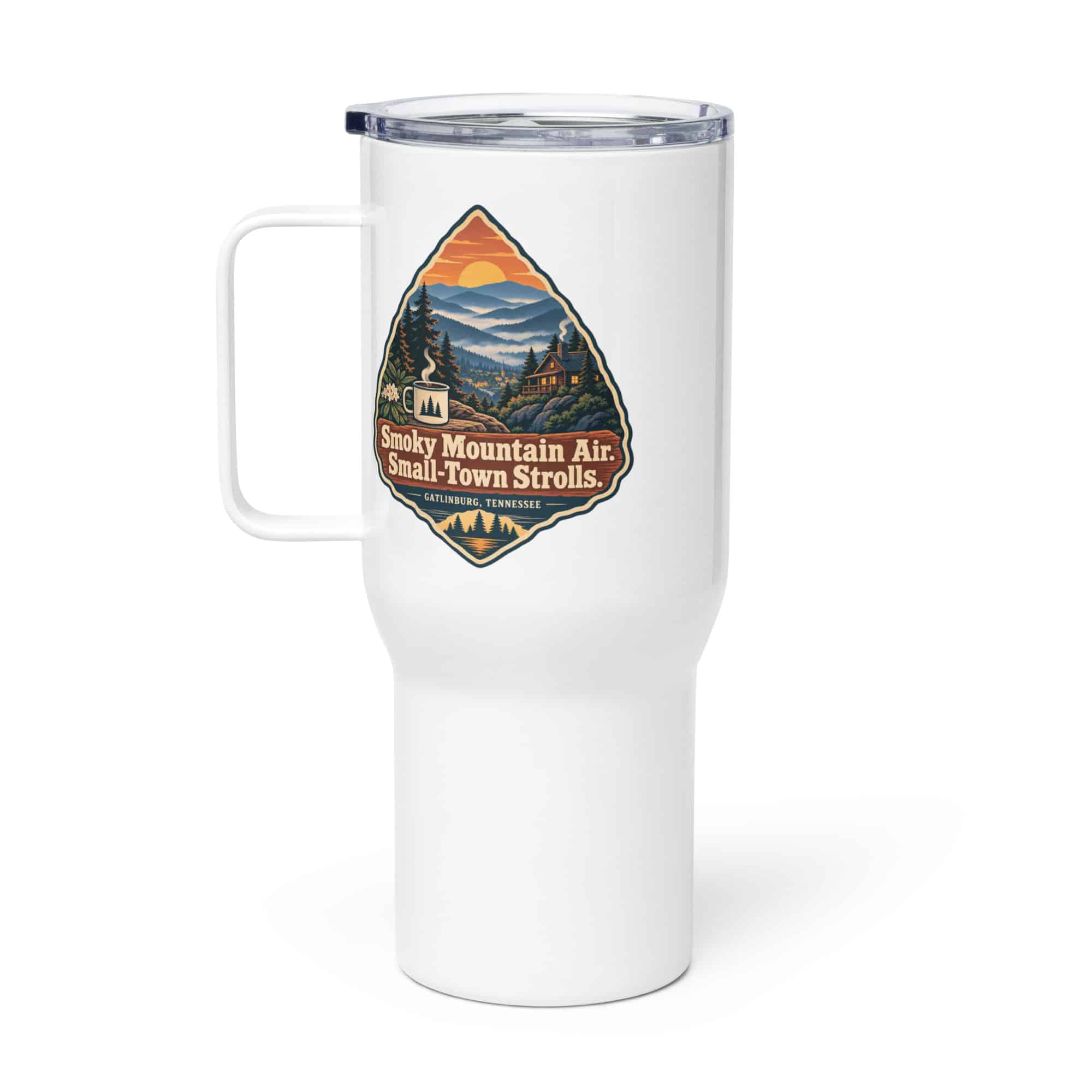 Gatlinburg and the Smokies Travel Mug: Smoky Mountain Air. Small-Town Strolls, Scenic Shield Badge