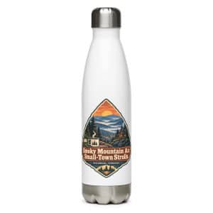 Gatlinburg and the Smokies Stainless Steel Water Bottle: Smoky Mountain Air. Small-Town Strolls, Scenic Shield Badge - 17 oz - Main