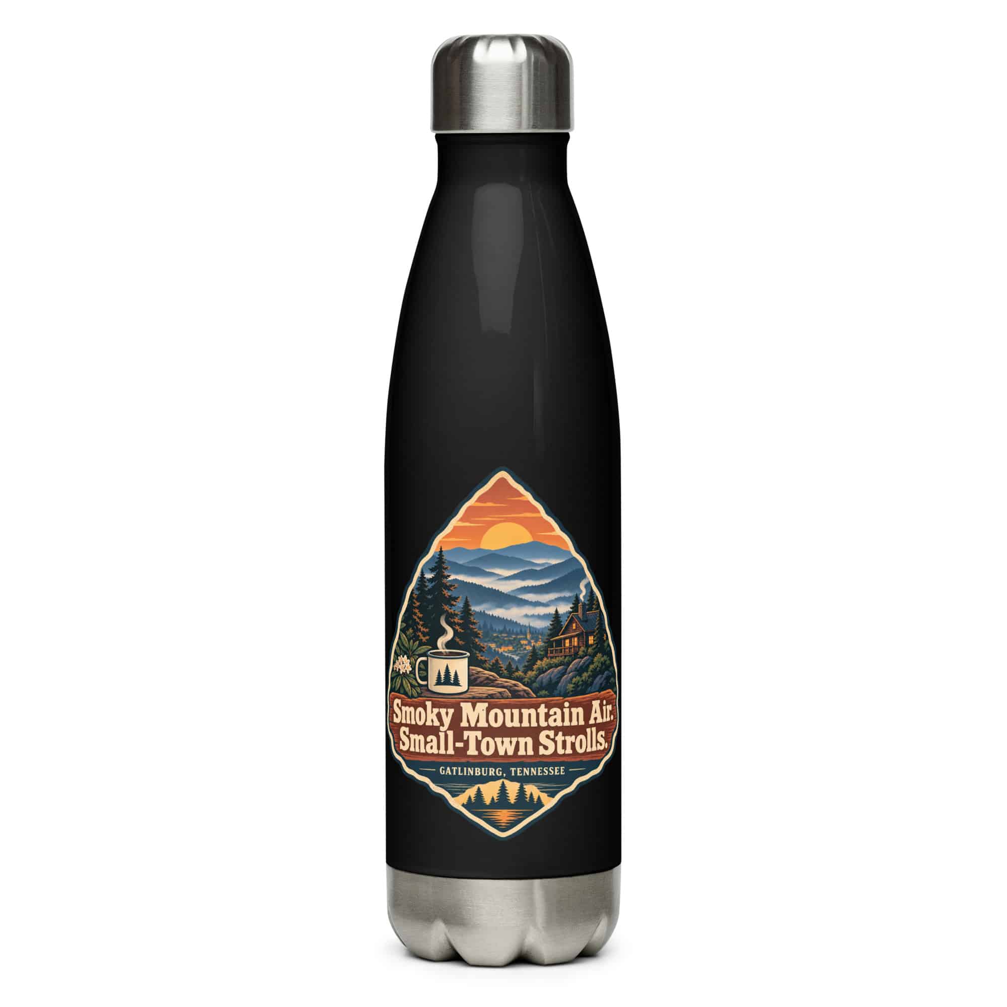 Gatlinburg and the Smokies Stainless Steel Water Bottle: Smoky Mountain Air. Small-Town Strolls, Scenic Shield Badge