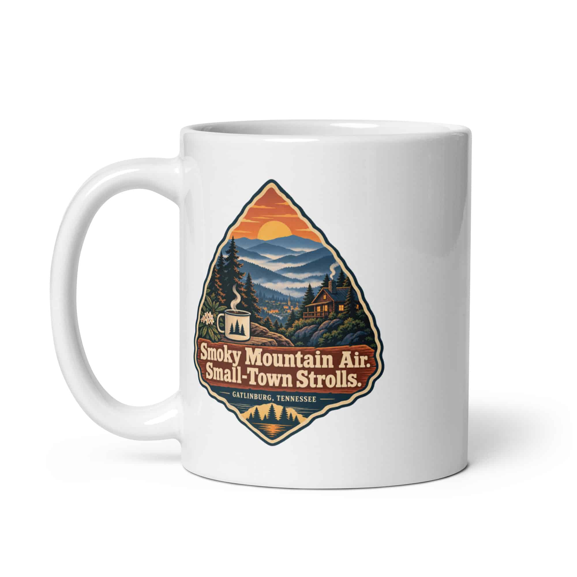 Gatlinburg and the Smokies White Ceramic Coffee Mug: Smoky Mountain Air. Small-Town Strolls, Scenic Shield Badge