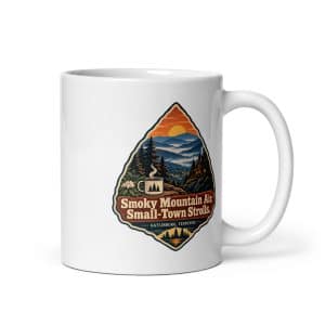 Gatlinburg and the Smokies White Ceramic Coffee Mug: Smoky Mountain Air. Small-Town Strolls, Scenic Shield Badge - 11 oz - Main
