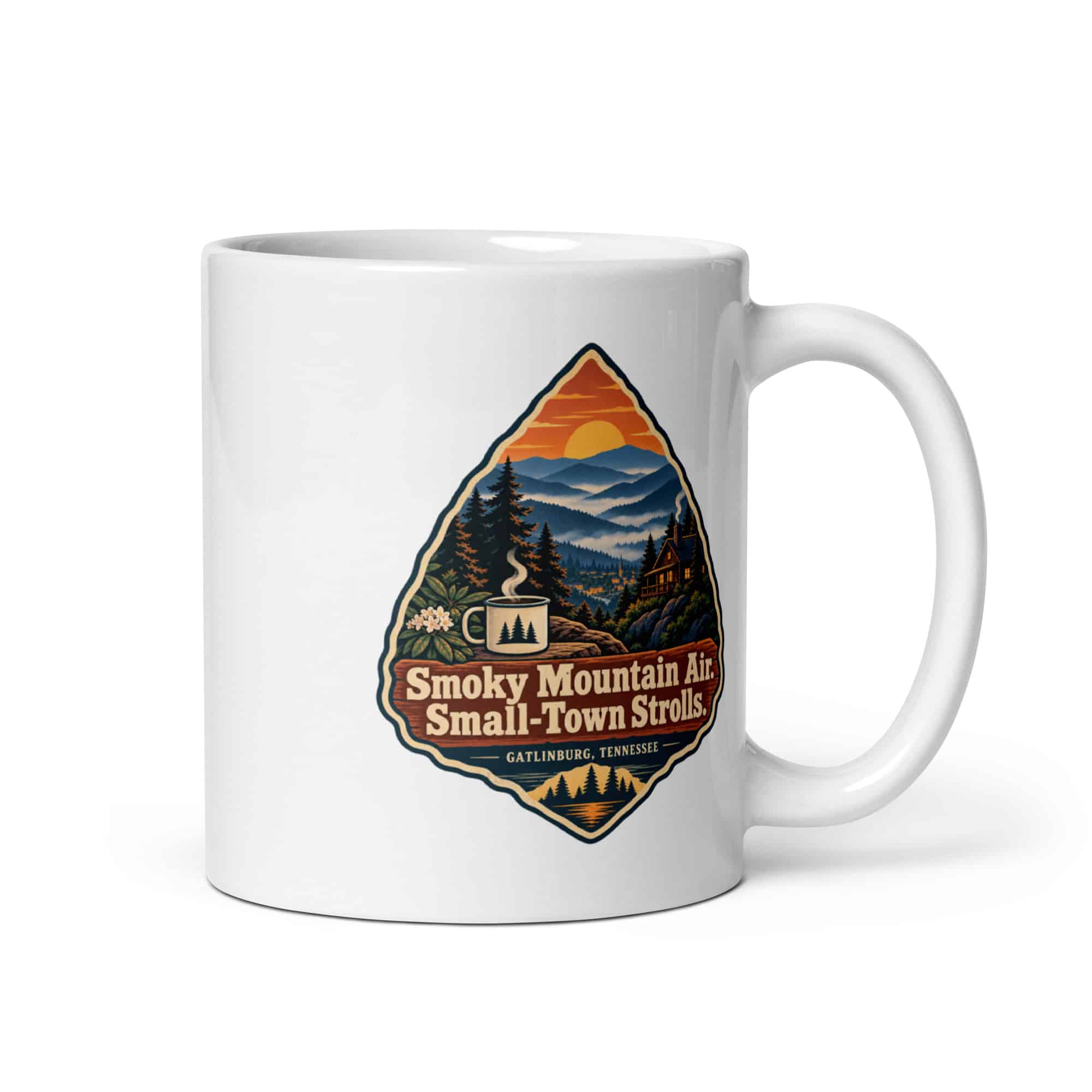 Gatlinburg and the Smokies White Ceramic Coffee Mug: Smoky Mountain Air. Small-Town Strolls, Scenic Shield Badge