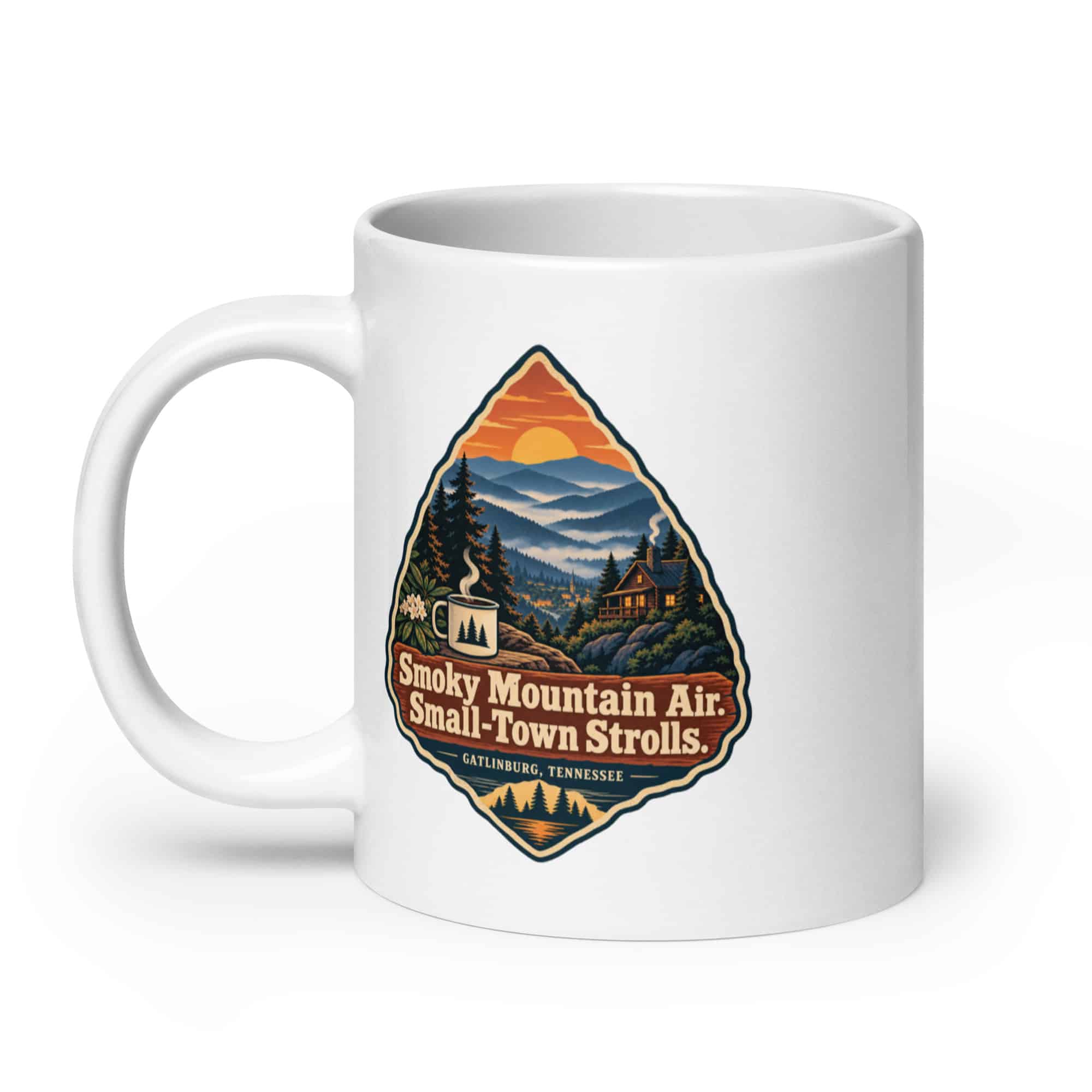 Gatlinburg and the Smokies White Ceramic Coffee Mug: Smoky Mountain Air. Small-Town Strolls, Scenic Shield Badge