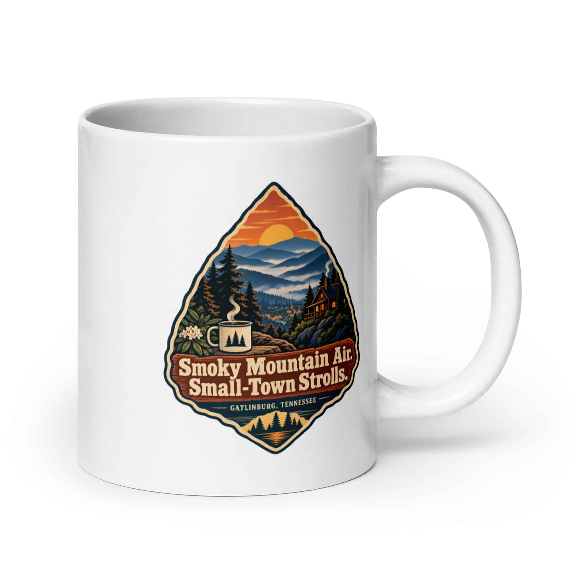 Gatlinburg and the Smokies White Ceramic Coffee Mug: Smoky Mountain Air. Small-Town Strolls, Scenic Shield Badge