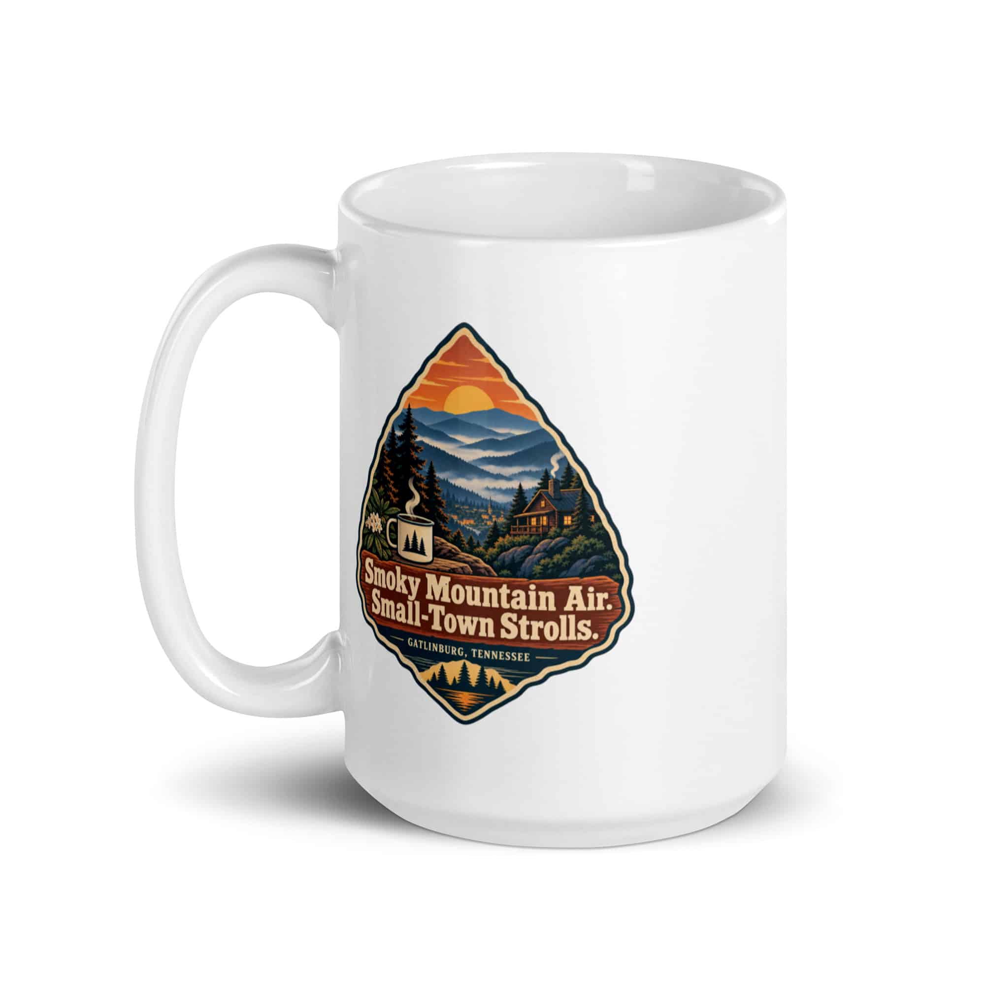 Gatlinburg and the Smokies White Ceramic Coffee Mug: Smoky Mountain Air. Small-Town Strolls, Scenic Shield Badge