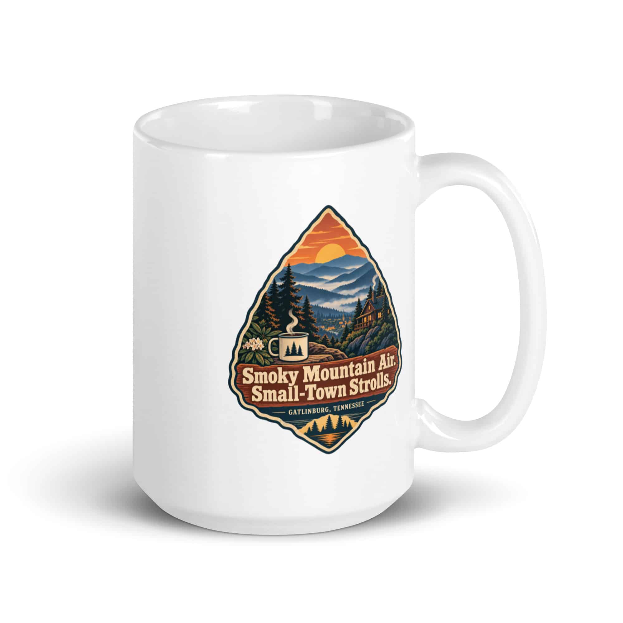 Gatlinburg and the Smokies White Ceramic Coffee Mug: Smoky Mountain Air. Small-Town Strolls, Scenic Shield Badge