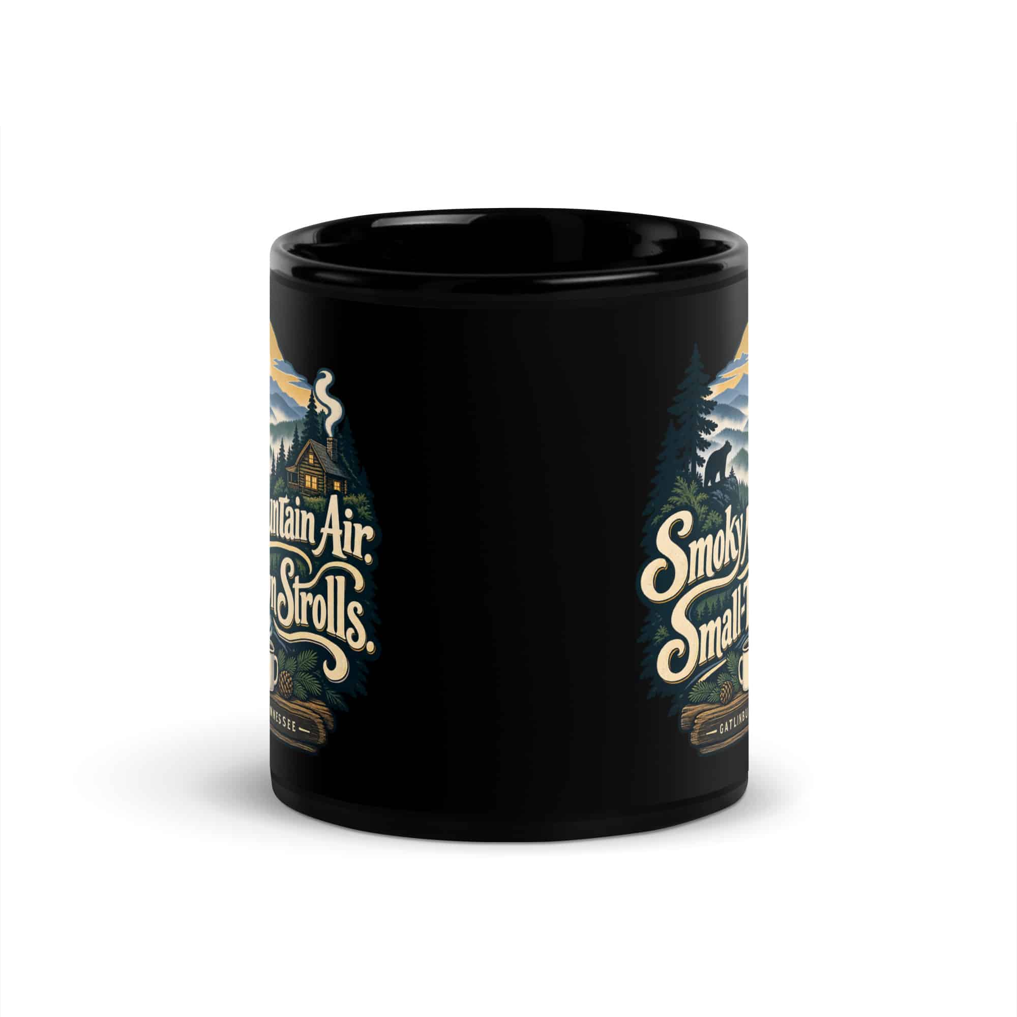Gatlinburg and the Smokies Black Coffee Mug: Smoky Mountain Air. Small-Town Strolls, Woodland Scenic Lettering