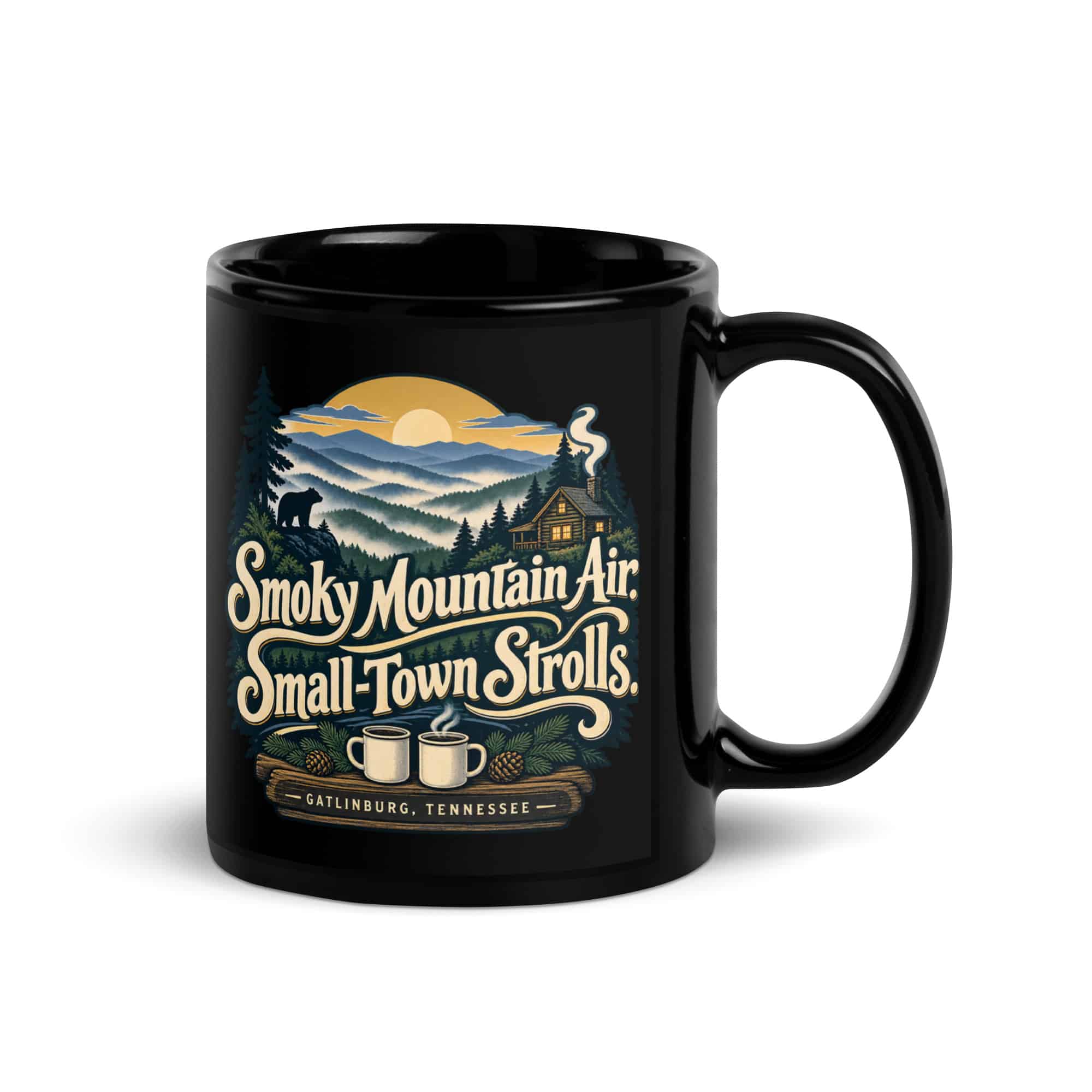 Gatlinburg and the Smokies Black Coffee Mug: Smoky Mountain Air. Small-Town Strolls, Woodland Scenic Lettering