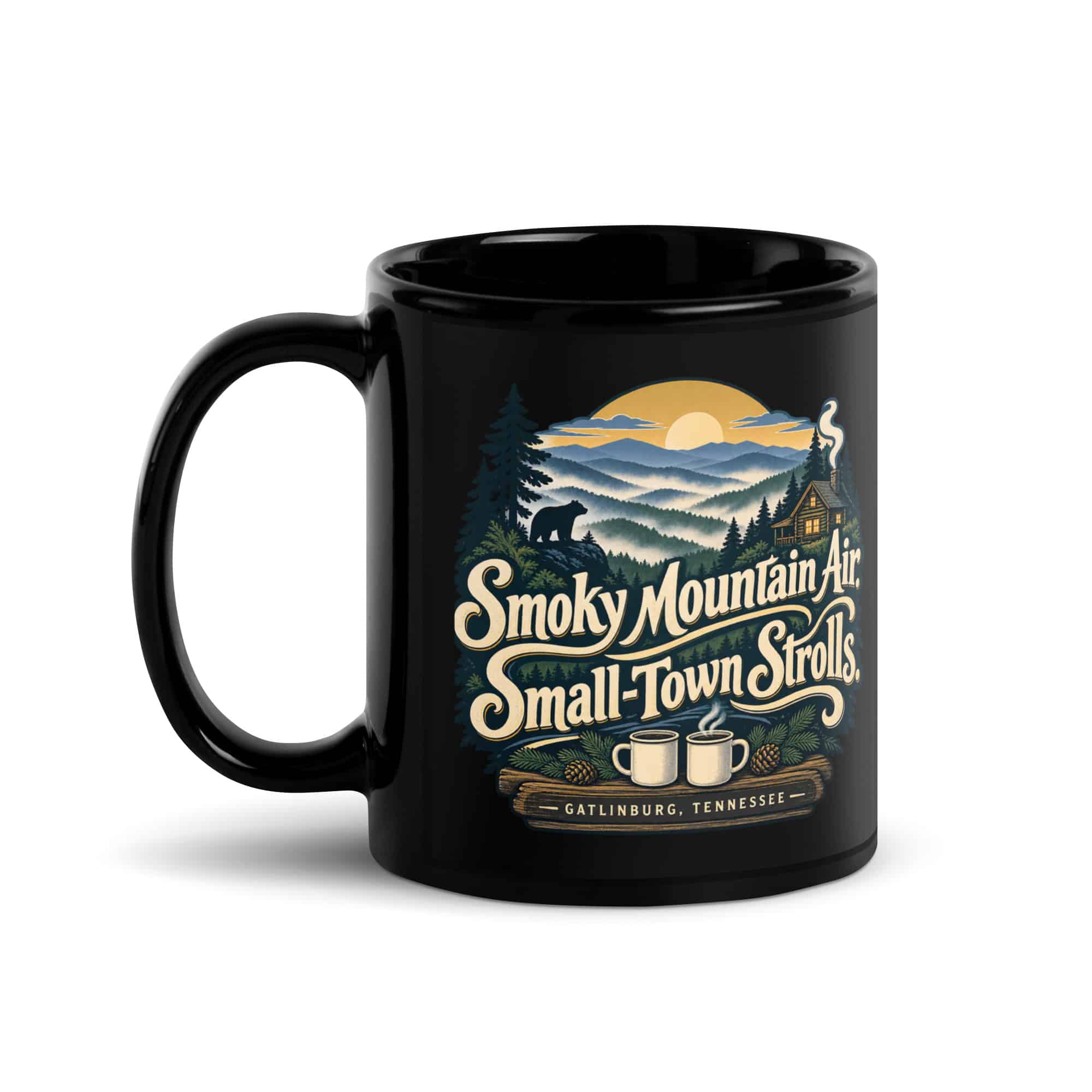 Gatlinburg and the Smokies Black Coffee Mug: Smoky Mountain Air. Small-Town Strolls, Woodland Scenic Lettering