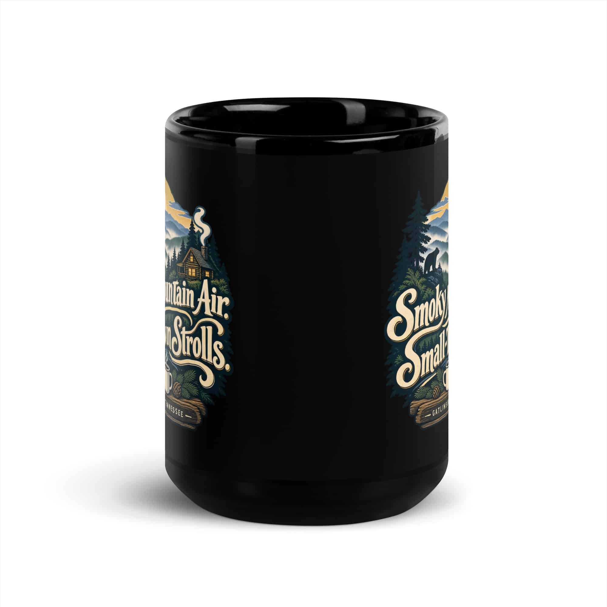 Gatlinburg and the Smokies Black Coffee Mug: Smoky Mountain Air. Small-Town Strolls, Woodland Scenic Lettering