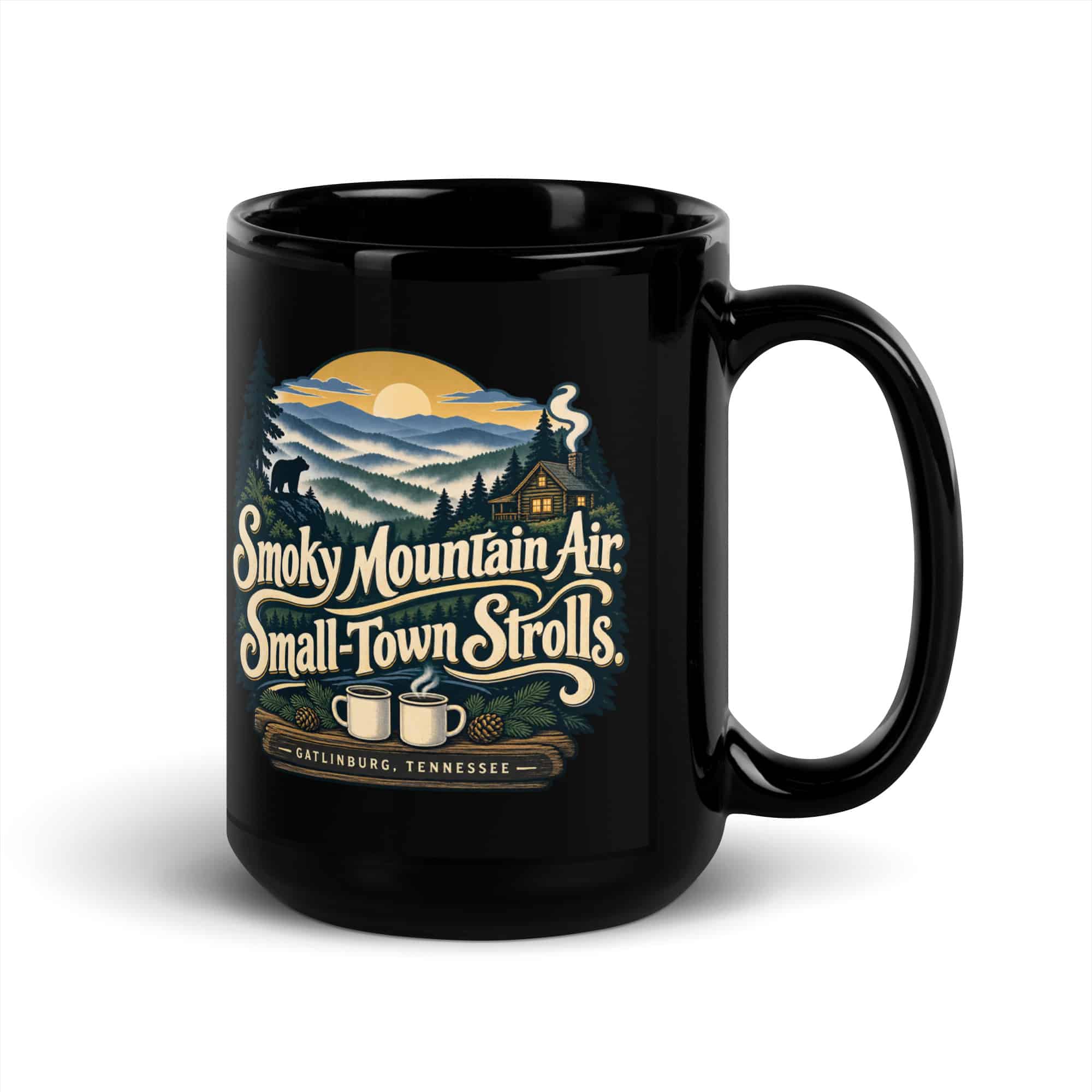 Gatlinburg and the Smokies Black Coffee Mug: Smoky Mountain Air. Small-Town Strolls, Woodland Scenic Lettering