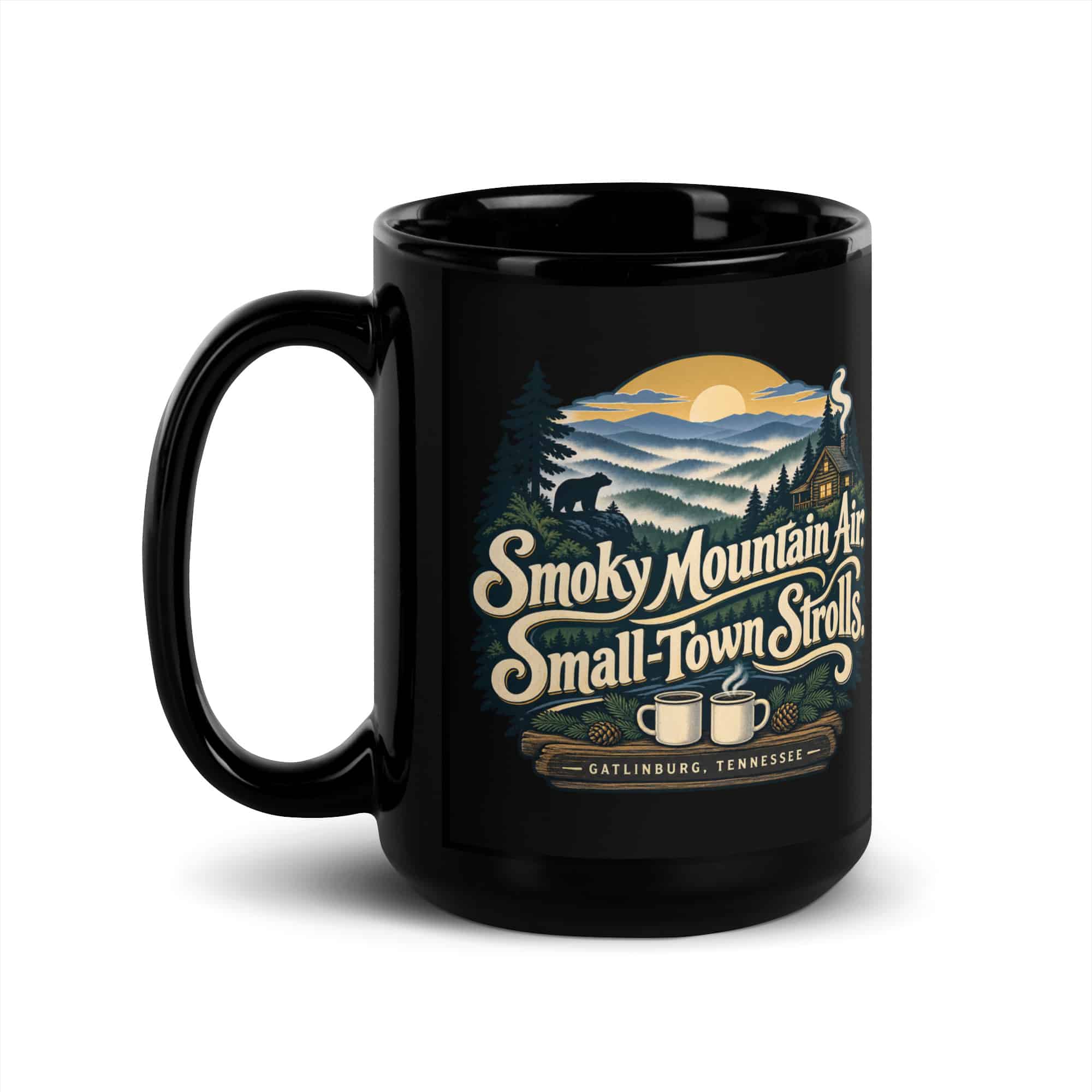 Gatlinburg and the Smokies Black Coffee Mug: Smoky Mountain Air. Small-Town Strolls, Woodland Scenic Lettering
