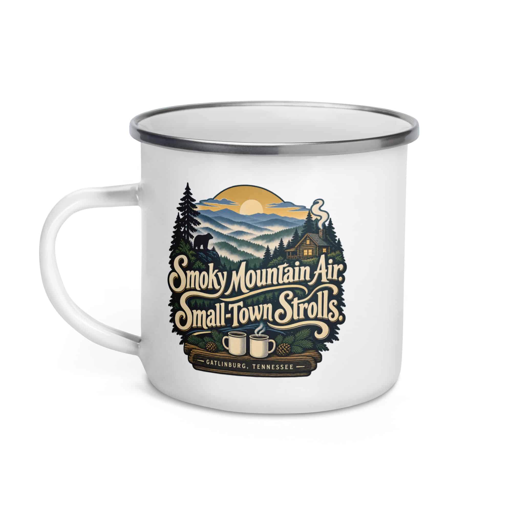 Gatlinburg and the Smokies Enamel Camp Mug: Smoky Mountain Air. Small-Town Strolls, Woodland Scenic Lettering