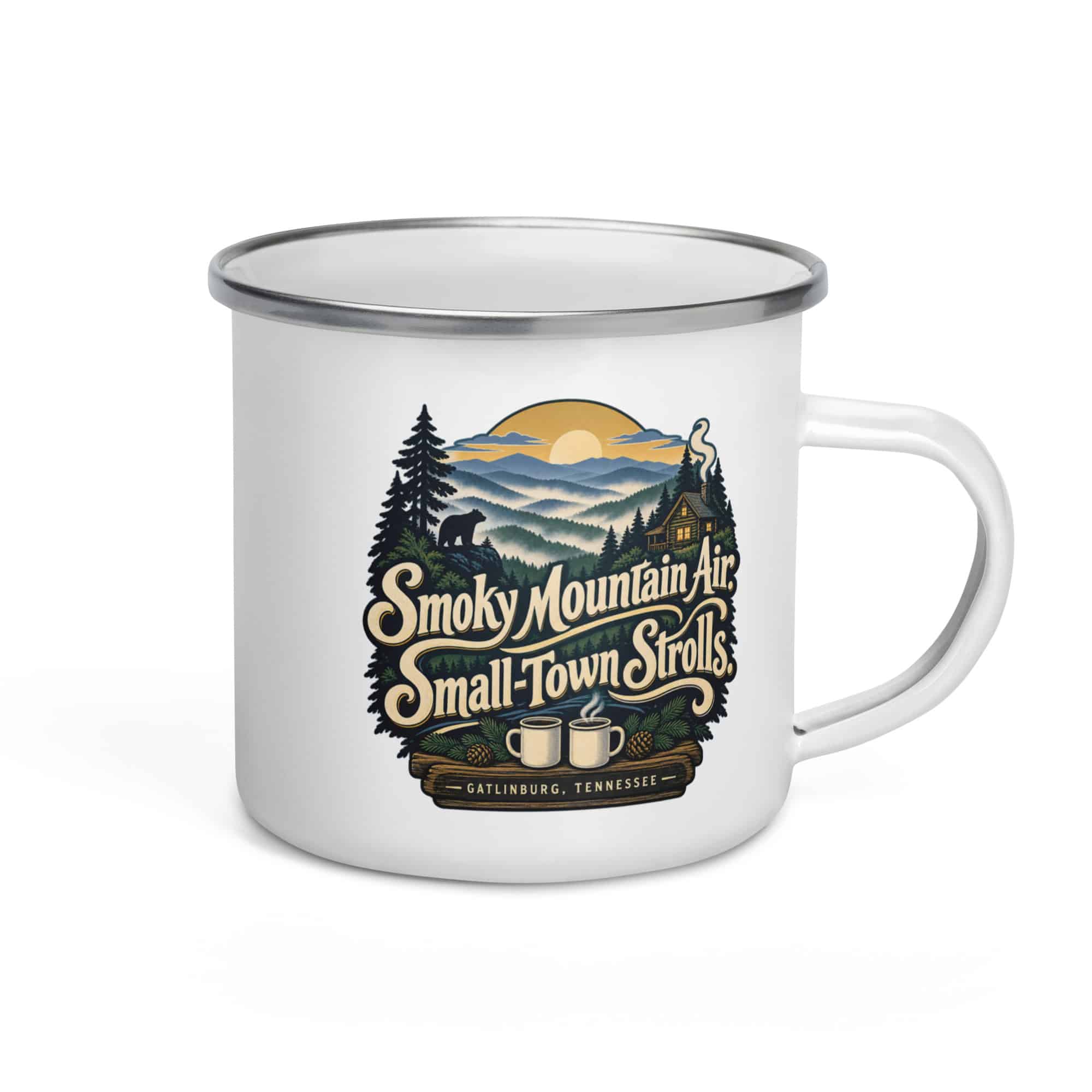 Gatlinburg and the Smokies Enamel Camp Mug: Smoky Mountain Air. Small-Town Strolls, Woodland Scenic Lettering