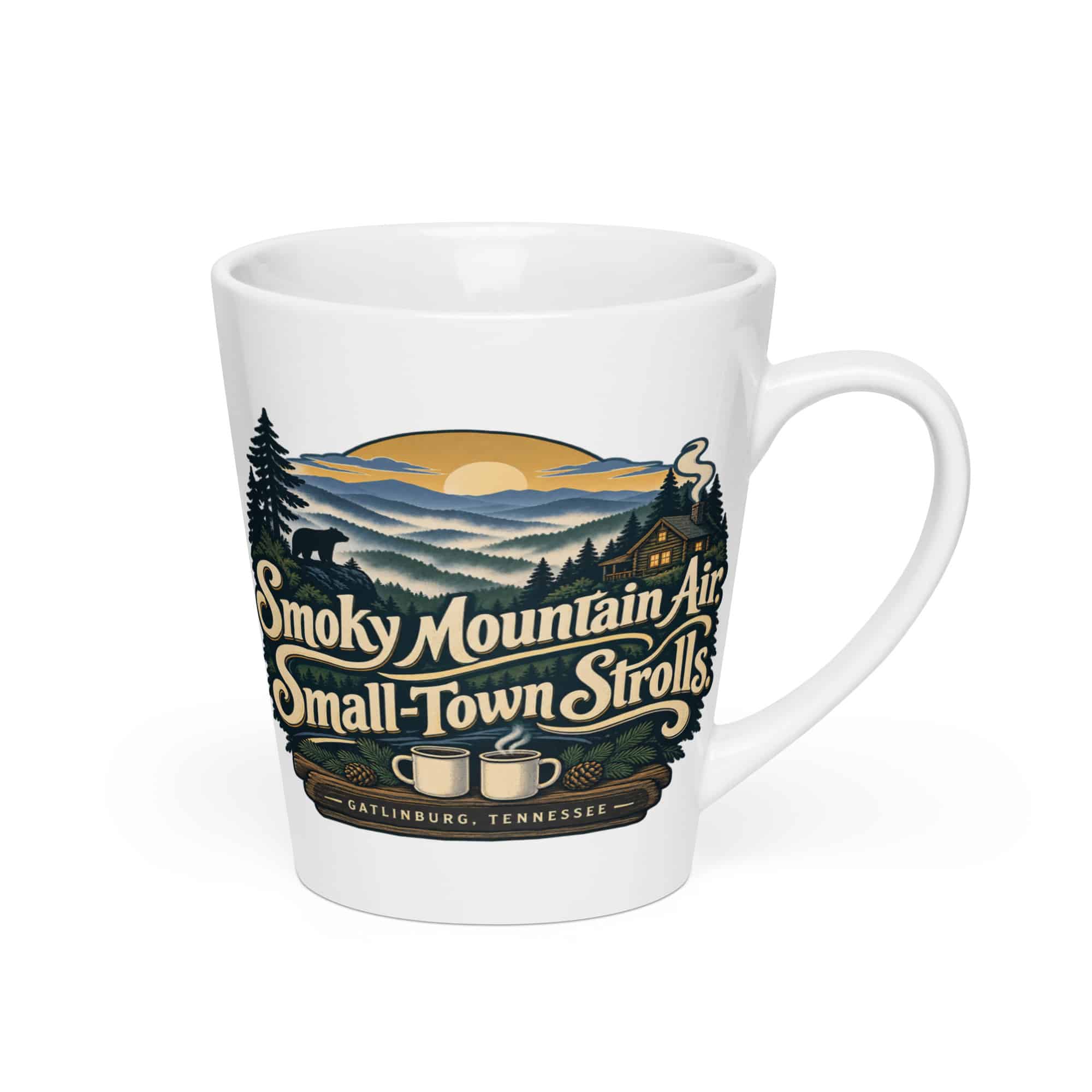 Gatlinburg and the Smokies Latte Mug: Smoky Mountain Air. Small-Town Strolls, Woodland Scenic Lettering