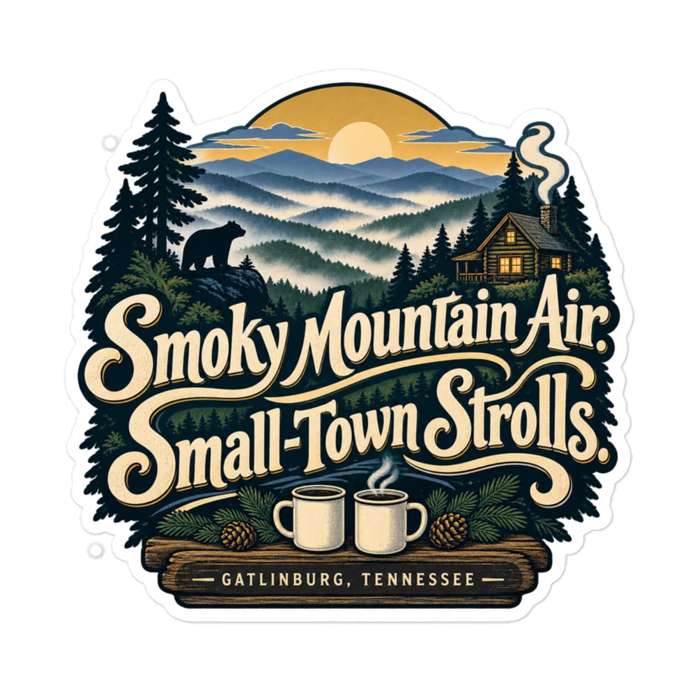 Gatlinburg and the Smokies Vinyl Sticker: Smoky Mountain Air. Small-Town Strolls, Woodland Scenic Lettering