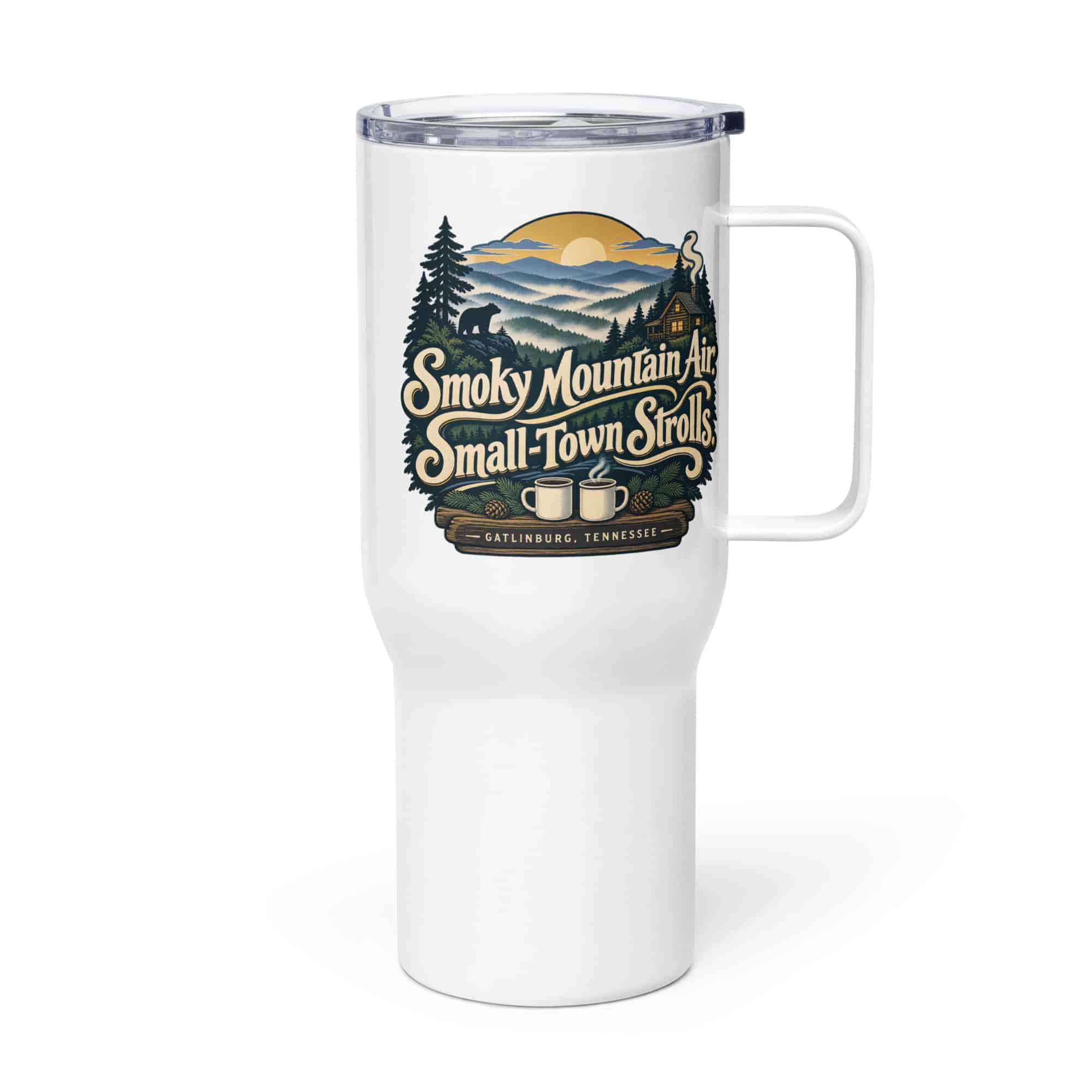 Gatlinburg and the Smokies Travel Mug: Smoky Mountain Air. Small-Town Strolls, Woodland Scenic Lettering