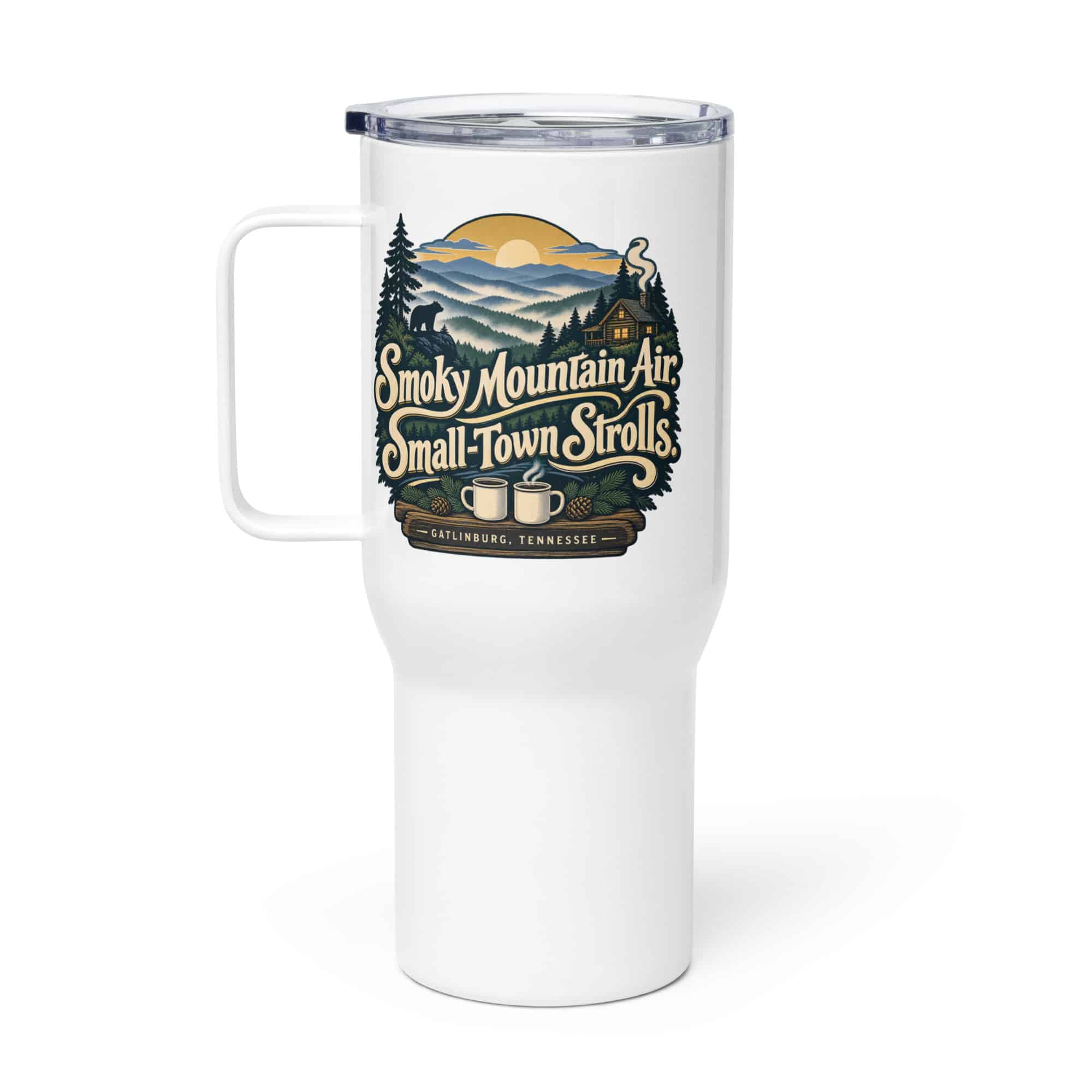 Gatlinburg and the Smokies Travel Mug: Smoky Mountain Air. Small-Town Strolls, Woodland Scenic Lettering