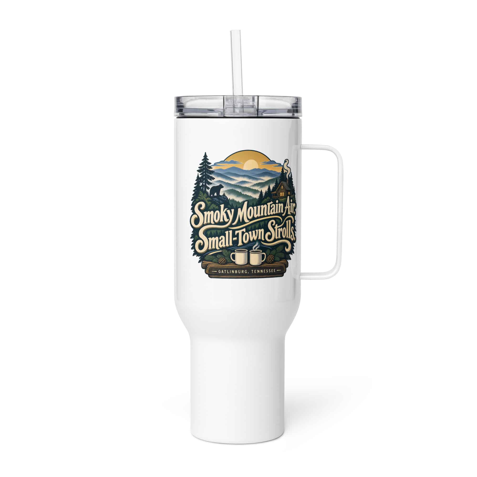 Gatlinburg and the Smokies Travel Mug: Smoky Mountain Air. Small-Town Strolls, Woodland Scenic Lettering