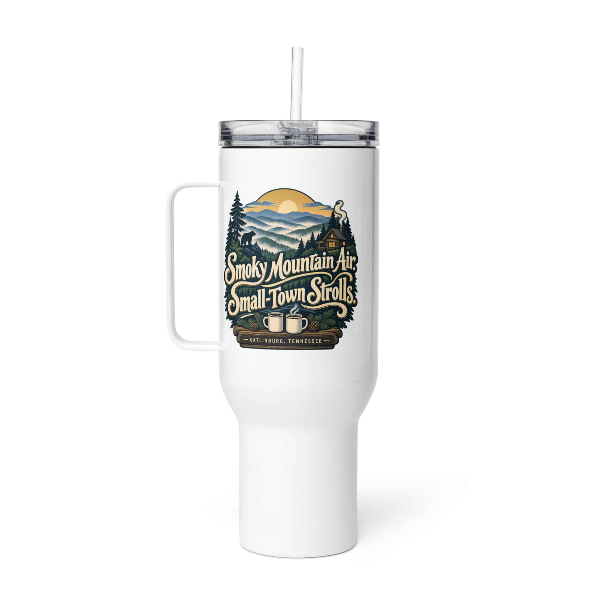 Gatlinburg and the Smokies Travel Mug: Smoky Mountain Air. Small-Town Strolls, Woodland Scenic Lettering