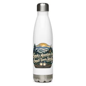 Gatlinburg and the Smokies Stainless Steel Water Bottle: Smoky Mountain Air. Small-Town Strolls, Woodland Scenic Lettering - 17 oz - Main