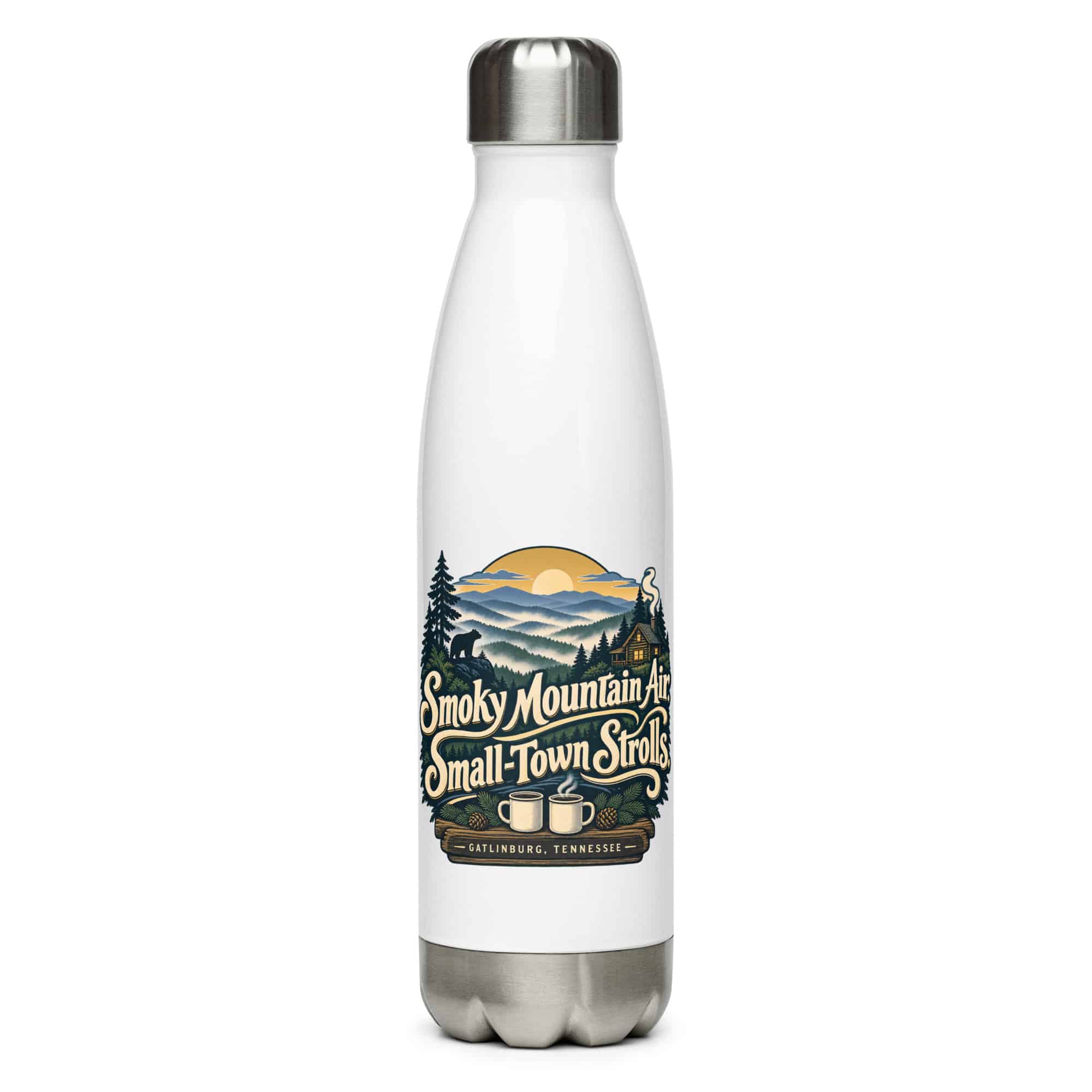 Gatlinburg and the Smokies Stainless Steel Water Bottle: Smoky Mountain Air. Small-Town Strolls, Woodland Scenic Lettering