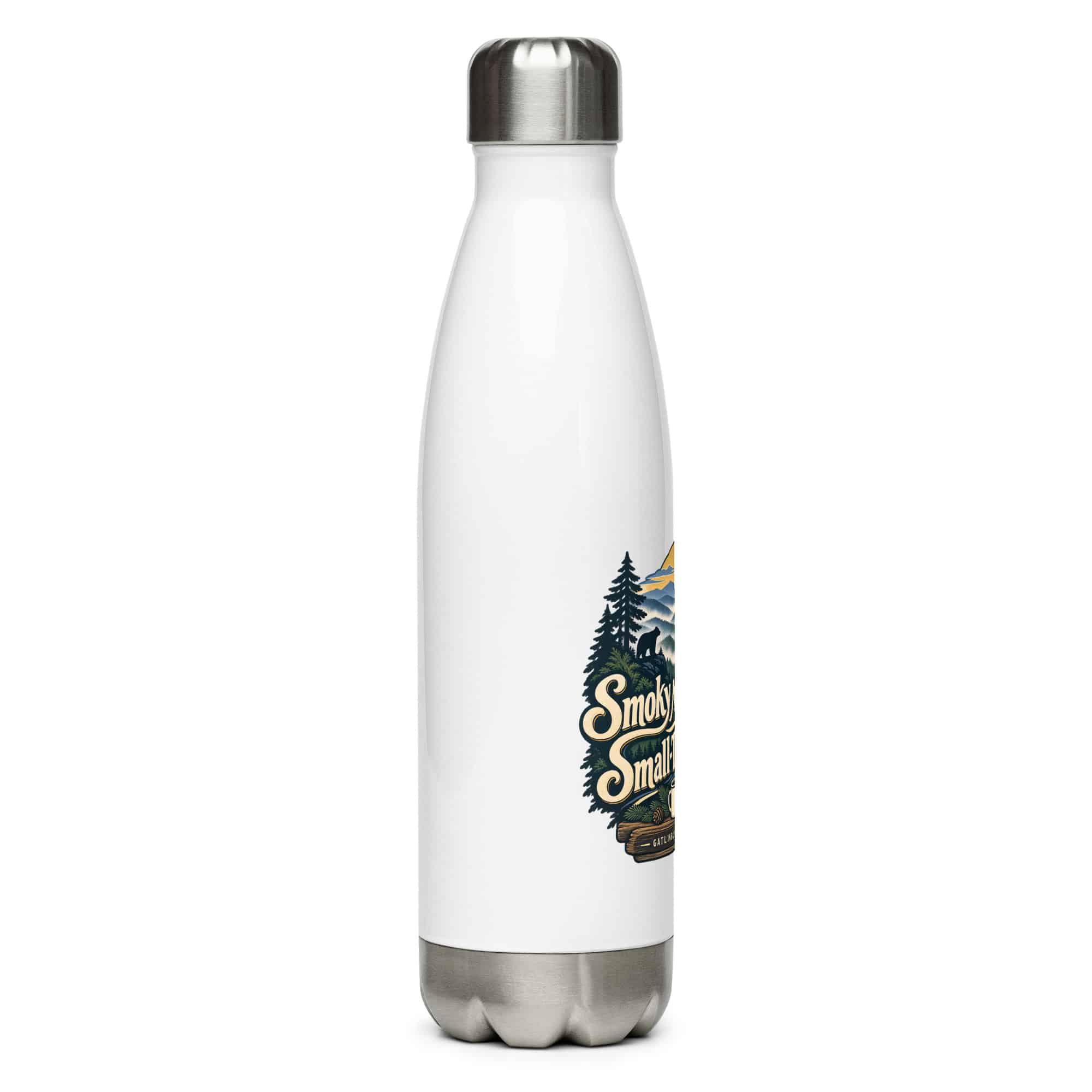 Gatlinburg and the Smokies Stainless Steel Water Bottle: Smoky Mountain Air. Small-Town Strolls, Woodland Scenic Lettering
