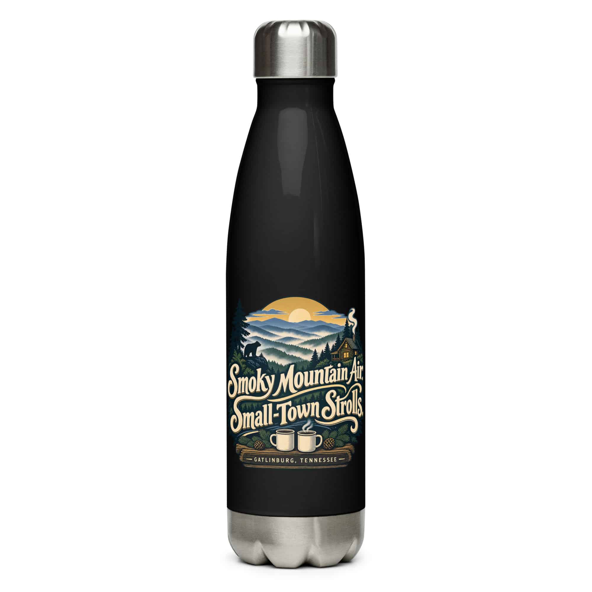 Gatlinburg and the Smokies Stainless Steel Water Bottle: Smoky Mountain Air. Small-Town Strolls, Woodland Scenic Lettering