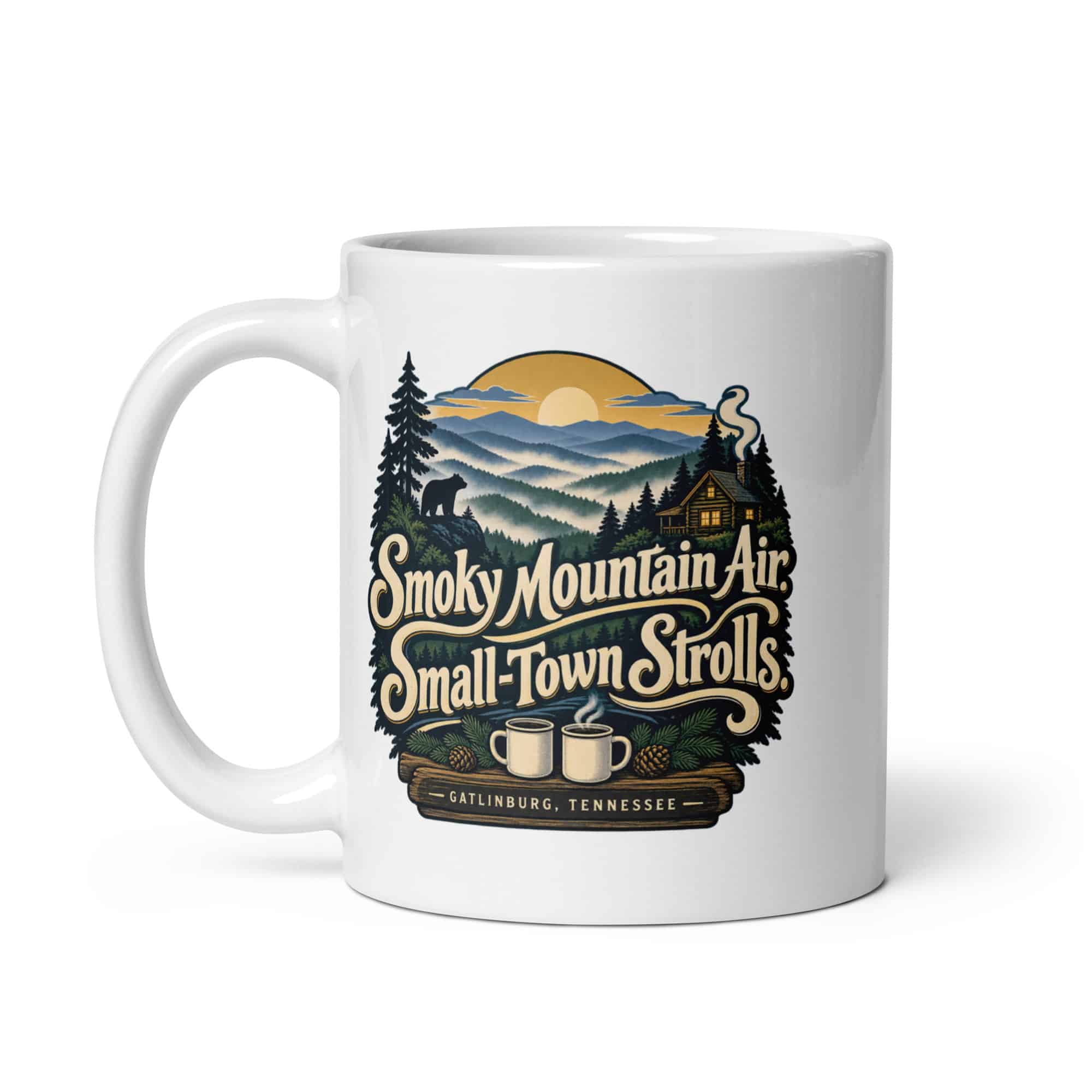 Gatlinburg and the Smokies White Ceramic Coffee Mug: Smoky Mountain Air. Small-Town Strolls, Woodland Scenic Lettering