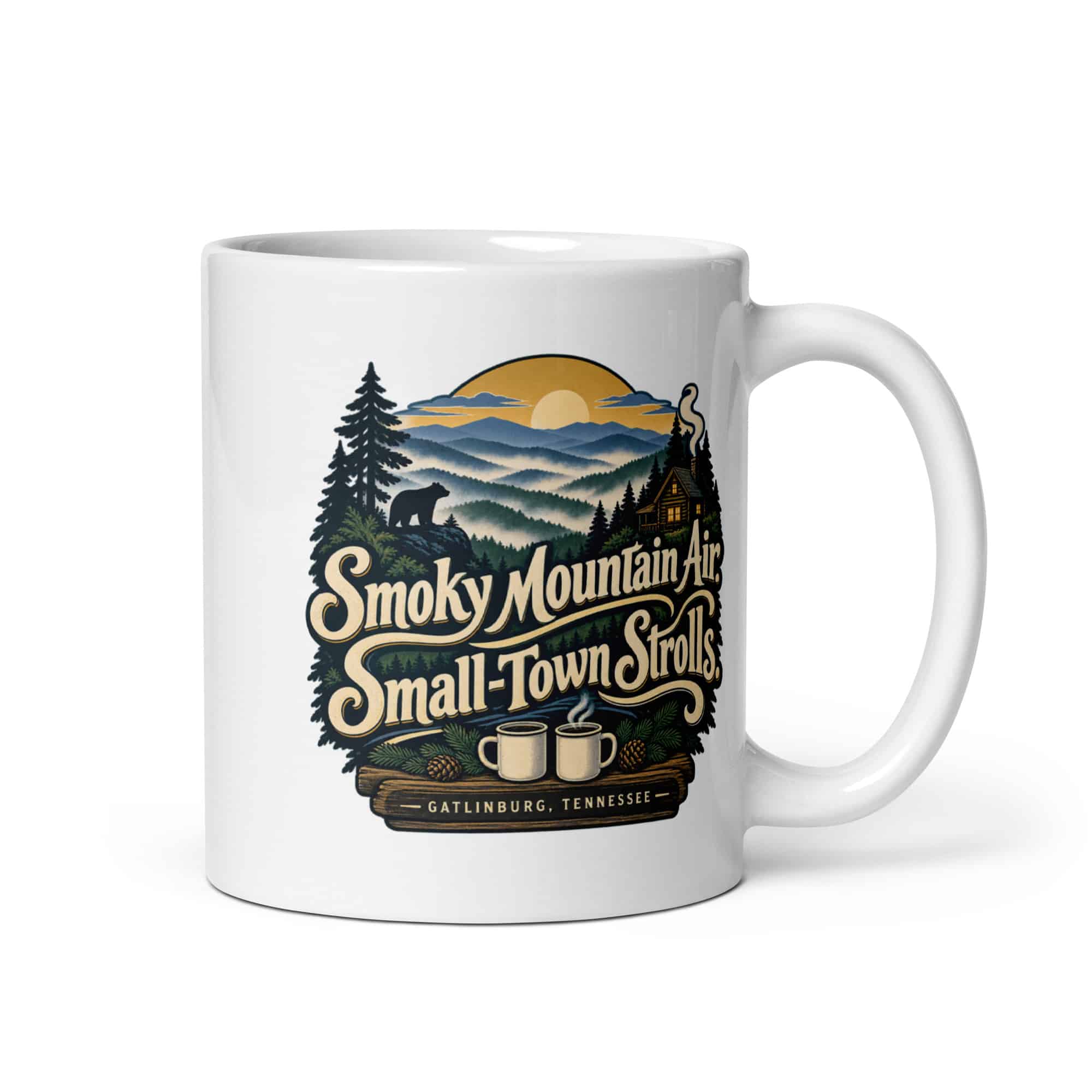 Gatlinburg and the Smokies White Ceramic Coffee Mug: Smoky Mountain Air. Small-Town Strolls, Woodland Scenic Lettering