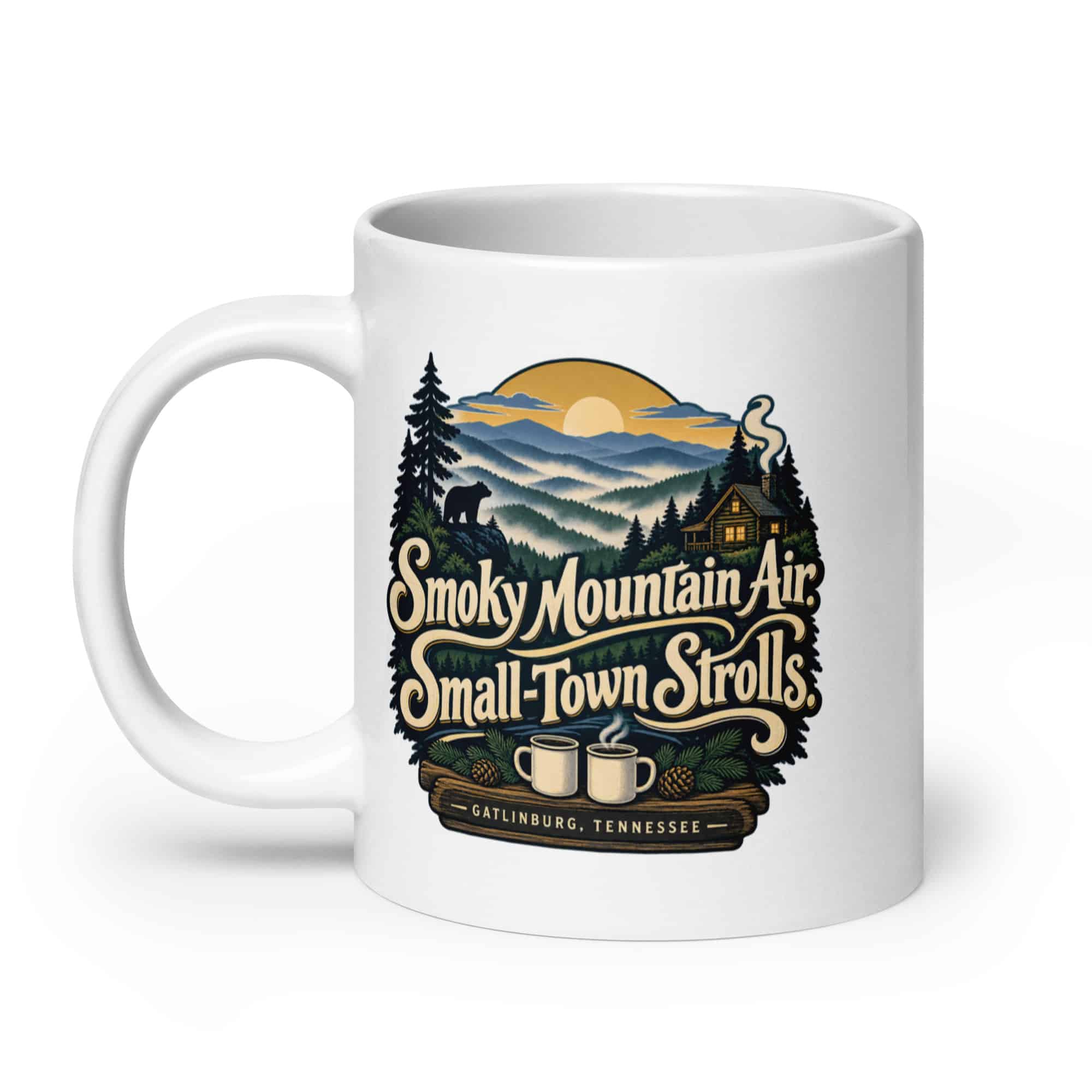 Gatlinburg and the Smokies White Ceramic Coffee Mug: Smoky Mountain Air. Small-Town Strolls, Woodland Scenic Lettering