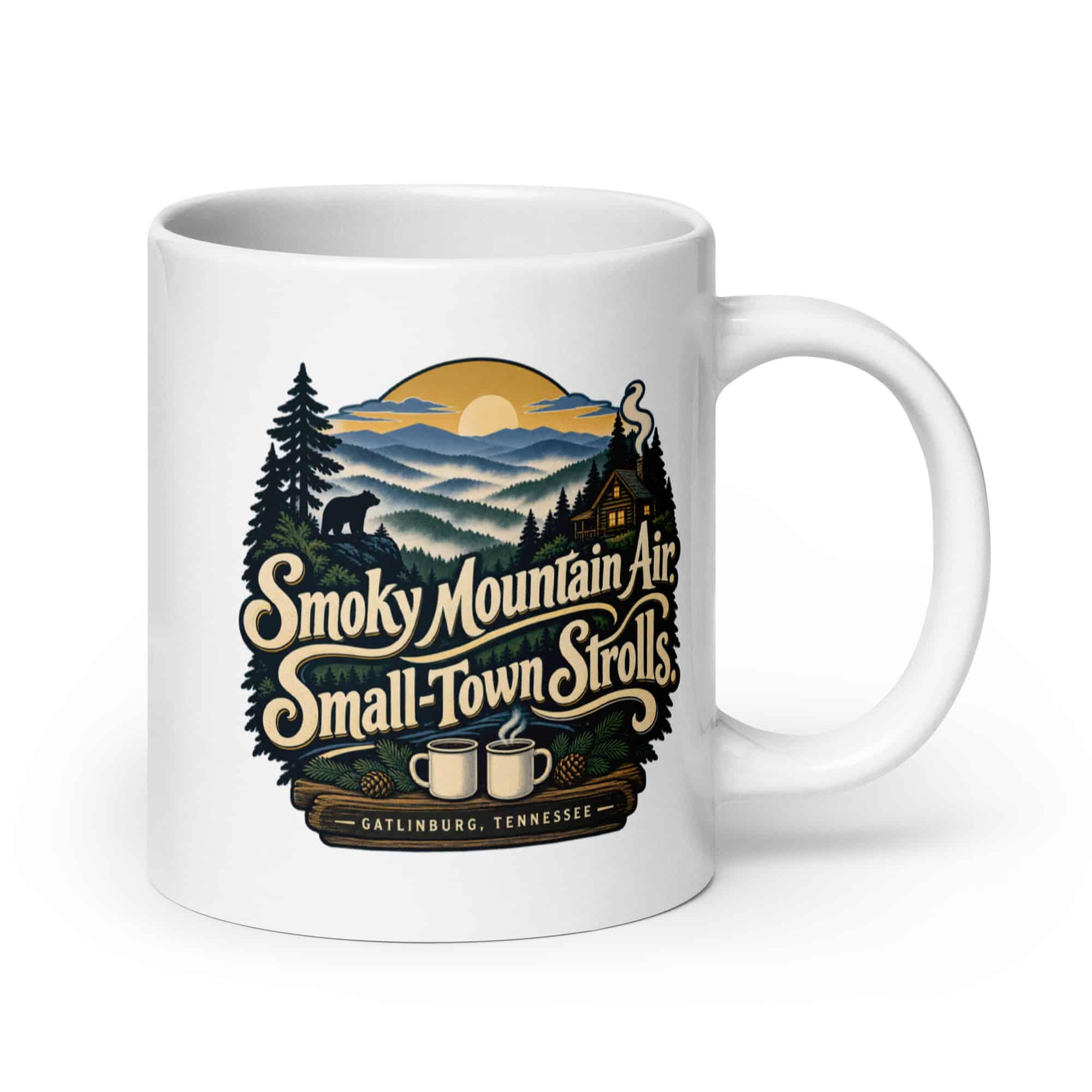 Gatlinburg and the Smokies White Ceramic Coffee Mug: Smoky Mountain Air. Small-Town Strolls, Woodland Scenic Lettering