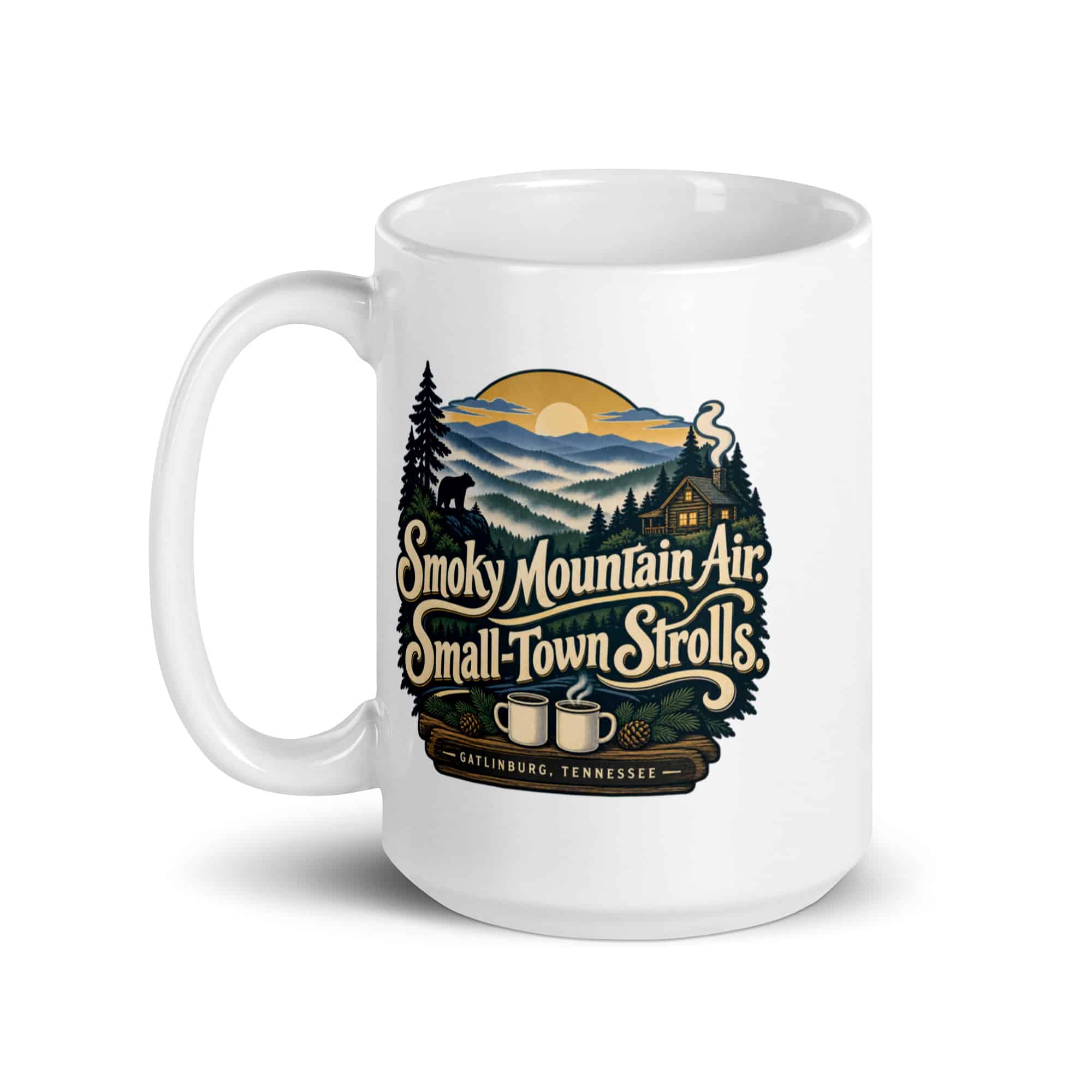 Gatlinburg and the Smokies White Ceramic Coffee Mug: Smoky Mountain Air. Small-Town Strolls, Woodland Scenic Lettering