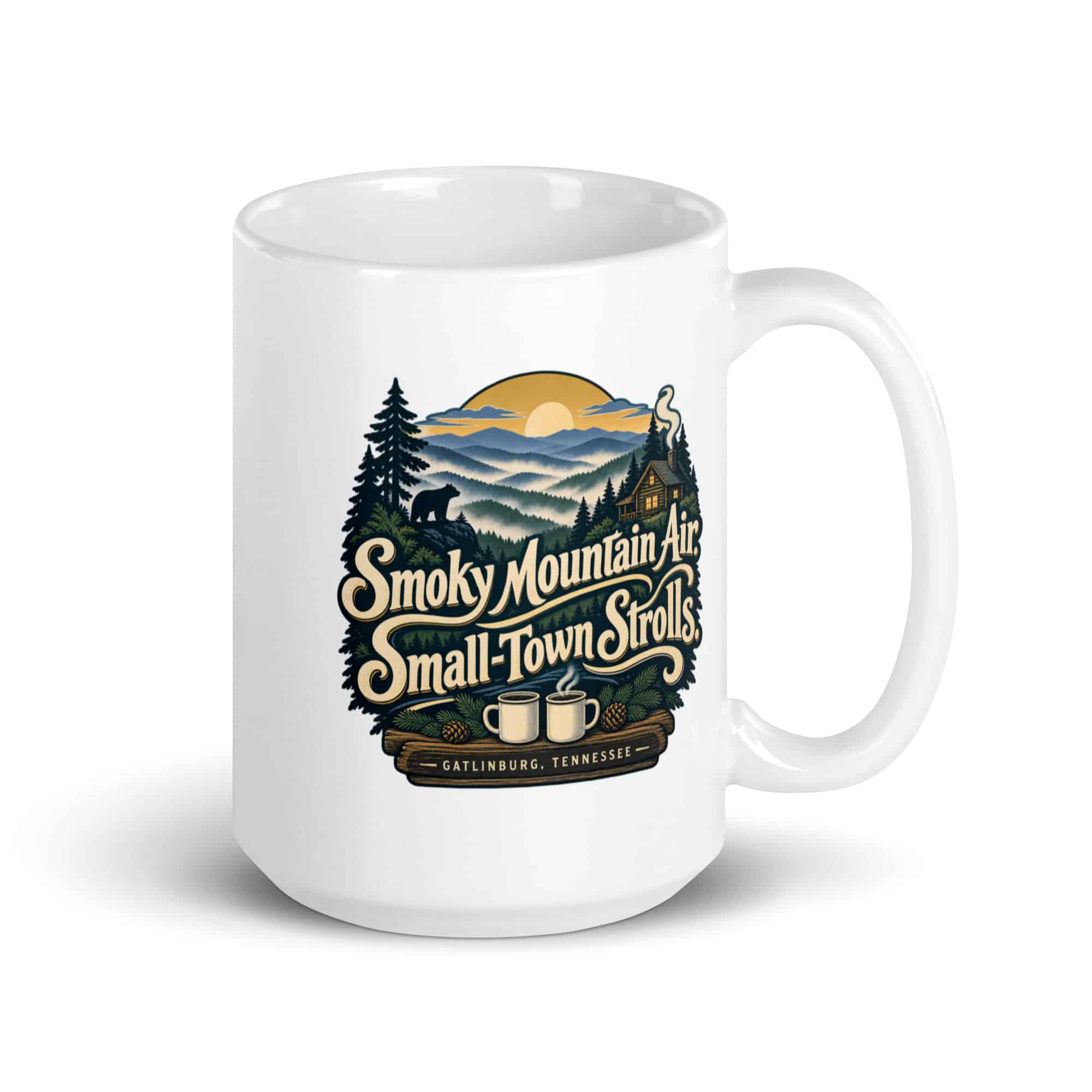 Gatlinburg and the Smokies White Ceramic Coffee Mug: Smoky Mountain Air. Small-Town Strolls, Woodland Scenic Lettering