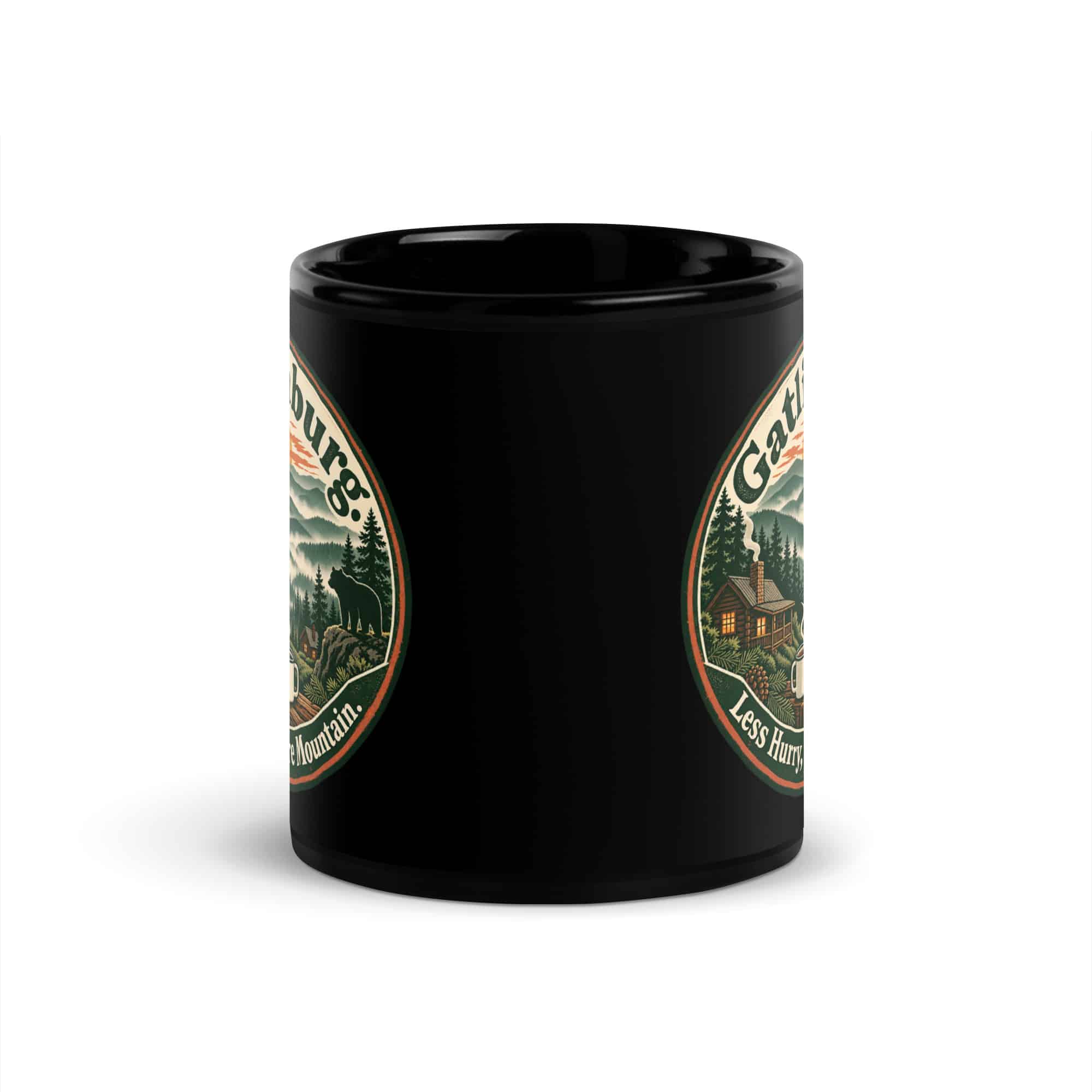 Gatlinburg and the Smokies Black Coffee Mug: Gatlinburg. Less Hurry, More Mountain, Vintage Round Badge
