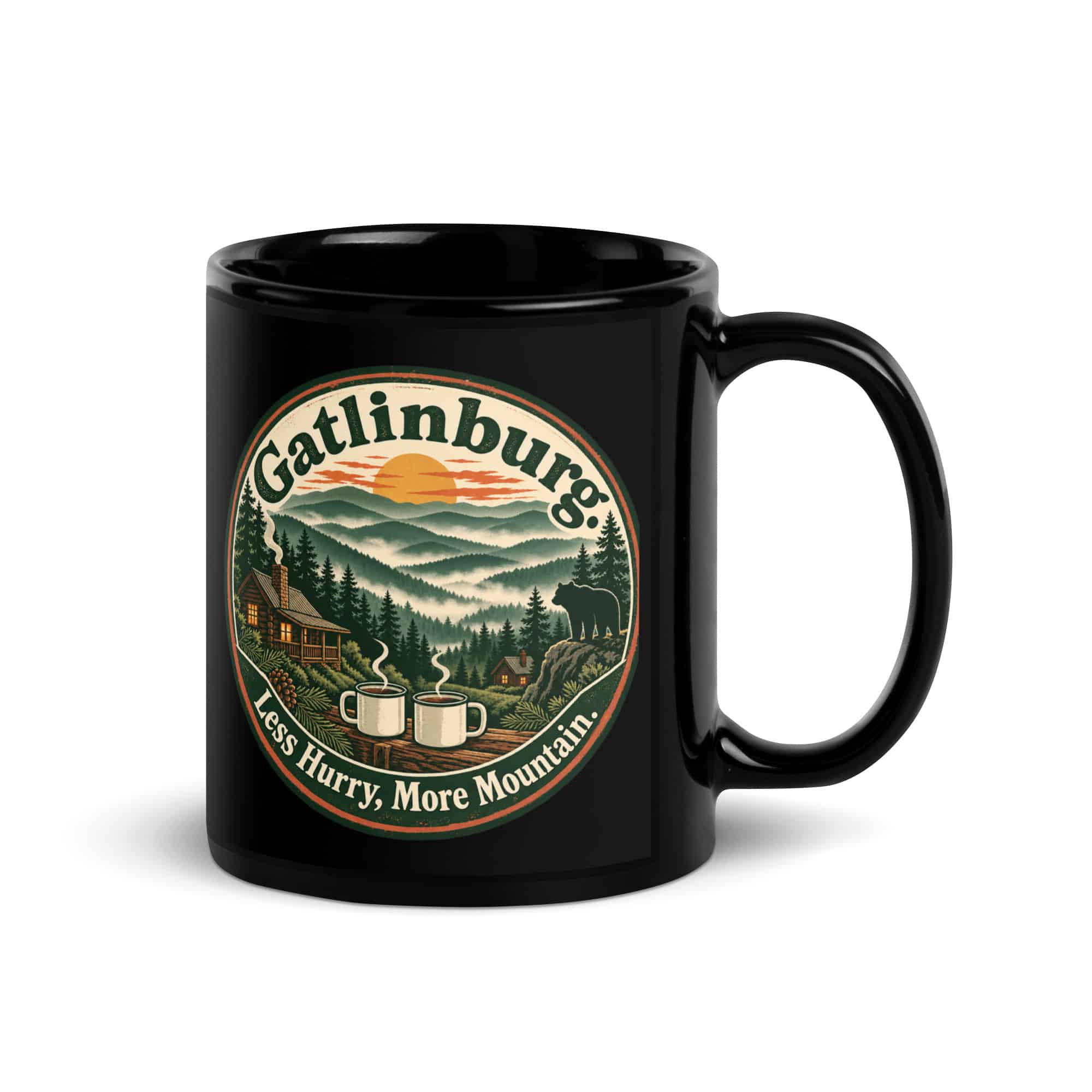 Gatlinburg and the Smokies Black Coffee Mug: Gatlinburg. Less Hurry, More Mountain, Vintage Round Badge